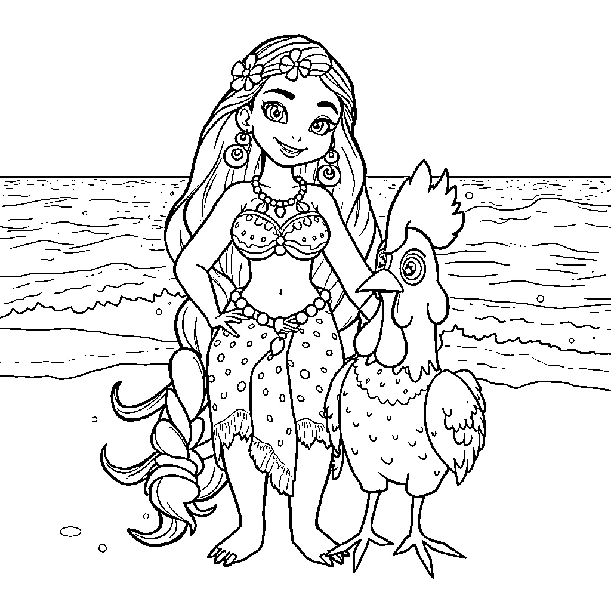 Vaiana enjoying the ocean with her animal companion Coloring Page (free black-and-white line drawing printable PDF for all, from beginners to advanced learners, including children, teens, adults, and seniors)
