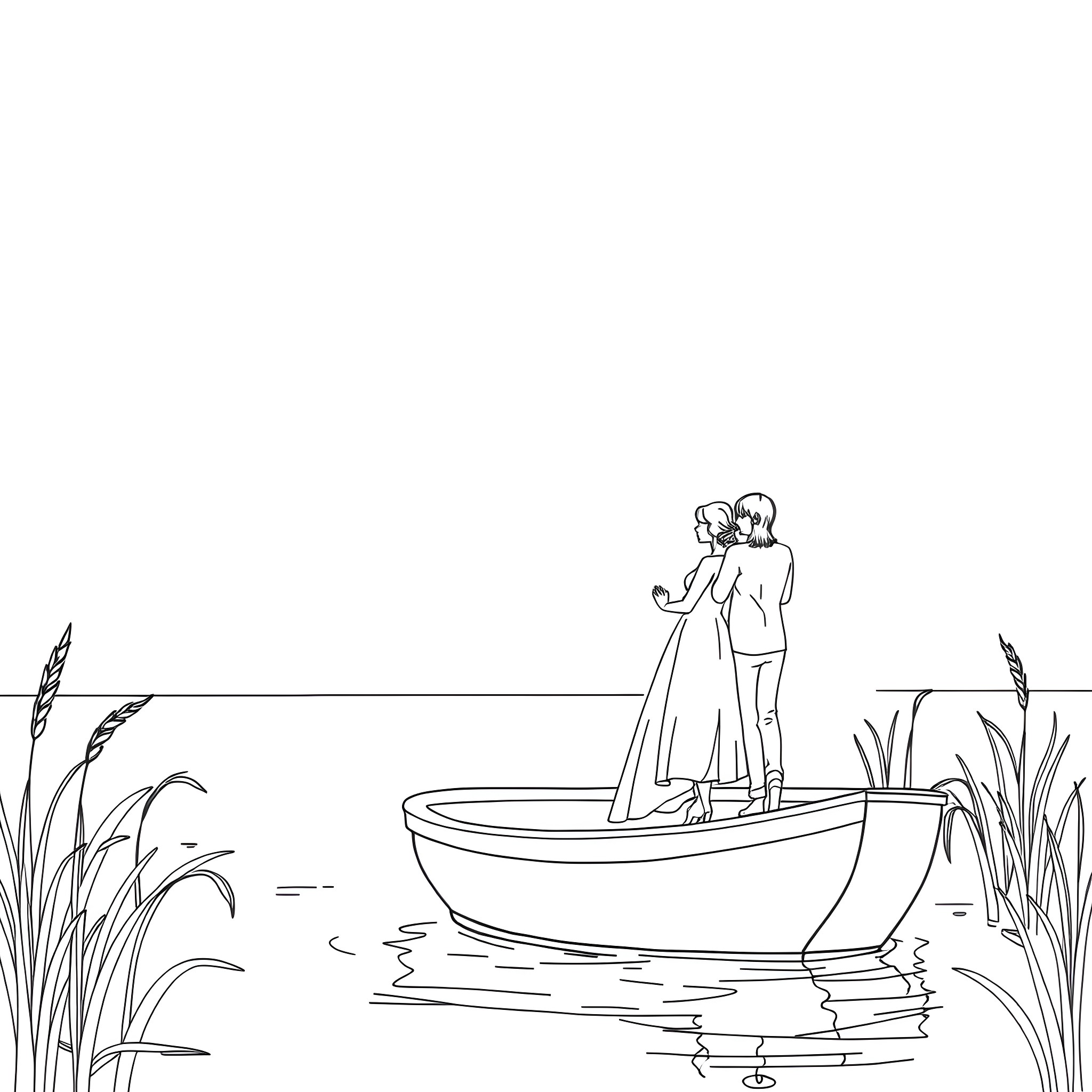 Couple embracing in a boat by the shore Coloring Page (free black-and-white line drawing printable PDF for all, from beginners to advanced learners, including children, teens, adults, and seniors)