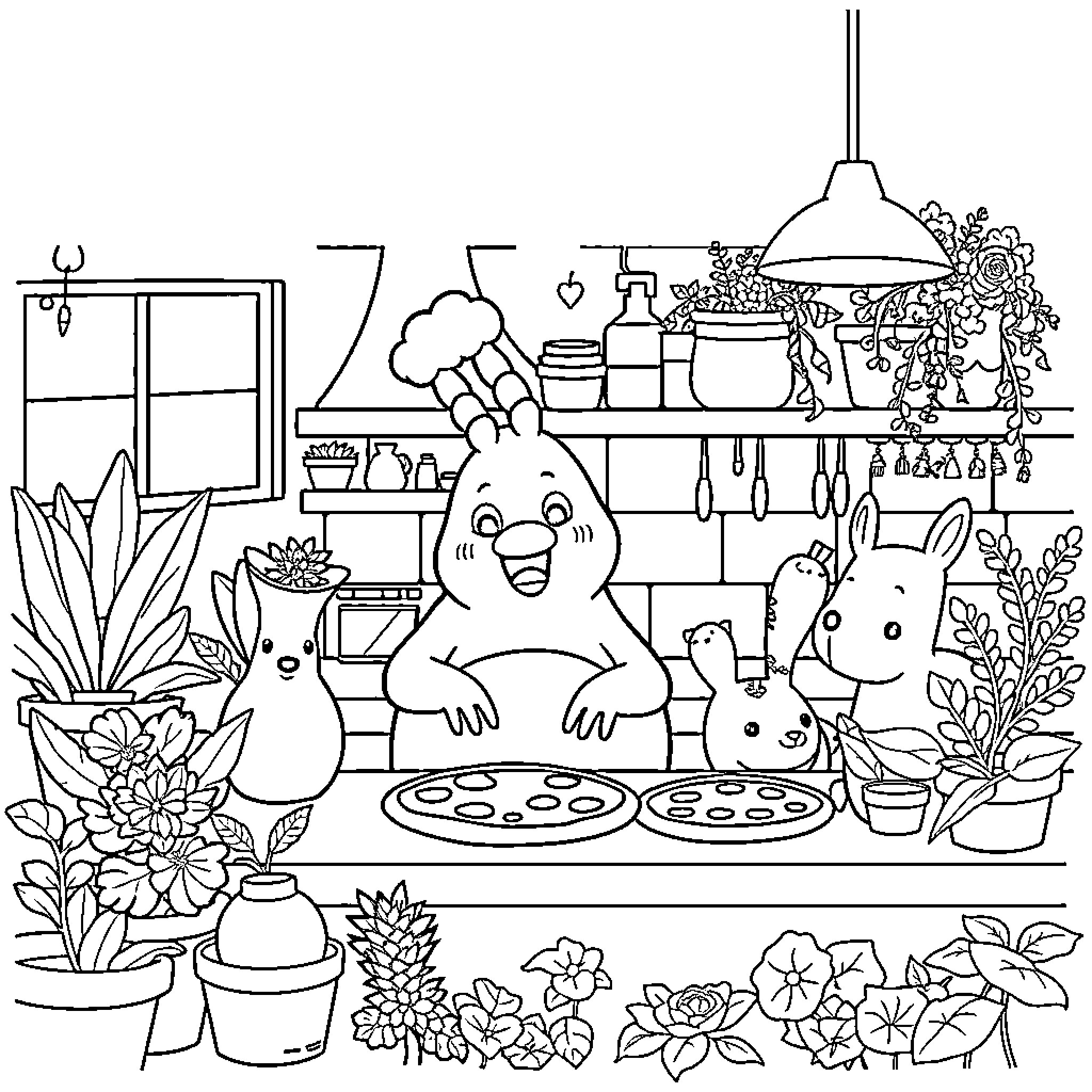 Hipopotamo enjoying culinary delights in a lively kitchen setting Coloring Page (free black-and-white line drawing printable PDF for all, from beginners to advanced learners, including children, teens, adults, and seniors)