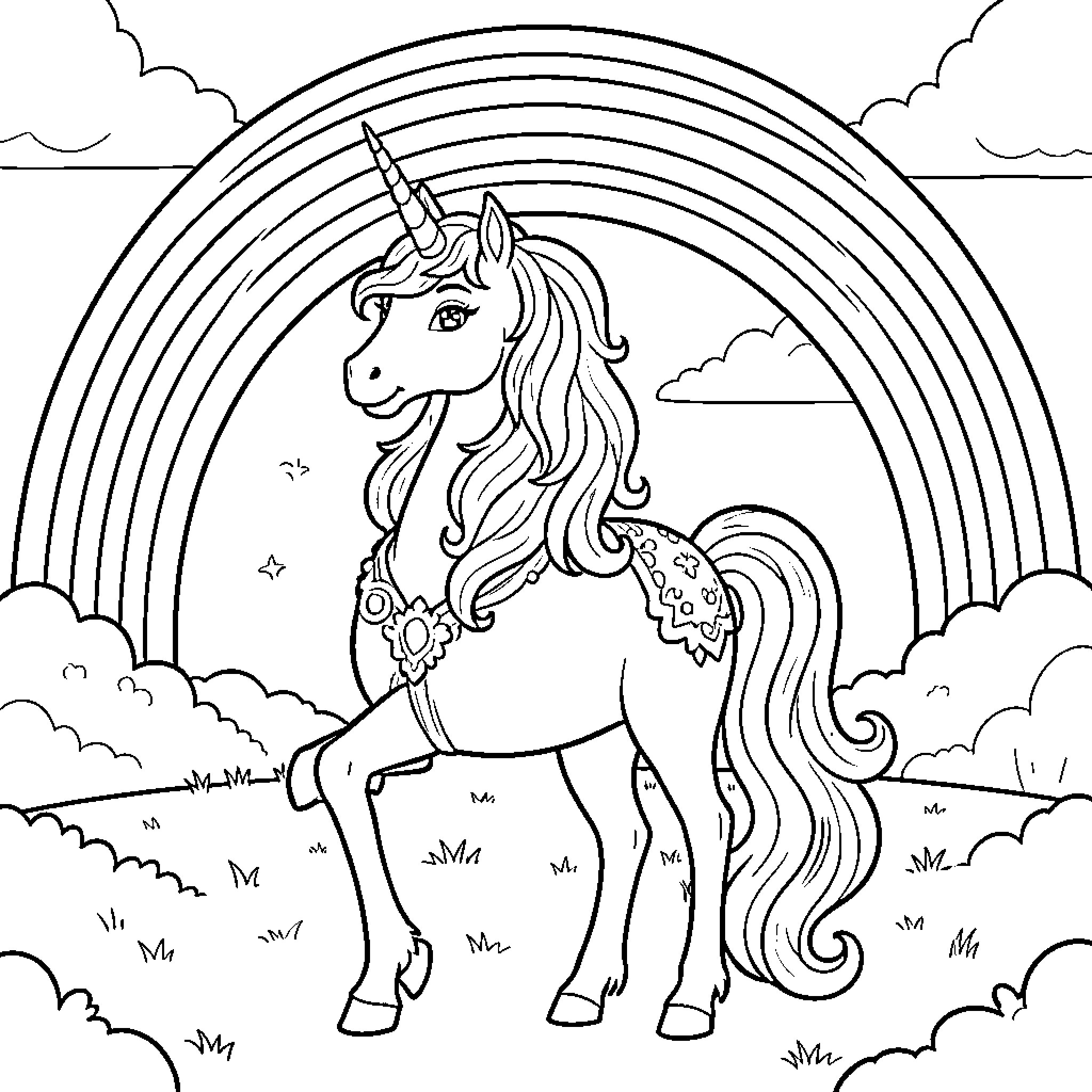 Unicorn standing proudly beneath a vibrant rainbow Coloring Page (free black-and-white line drawing printable PDF for all, from beginners to advanced learners, including children, teens, adults, and seniors)