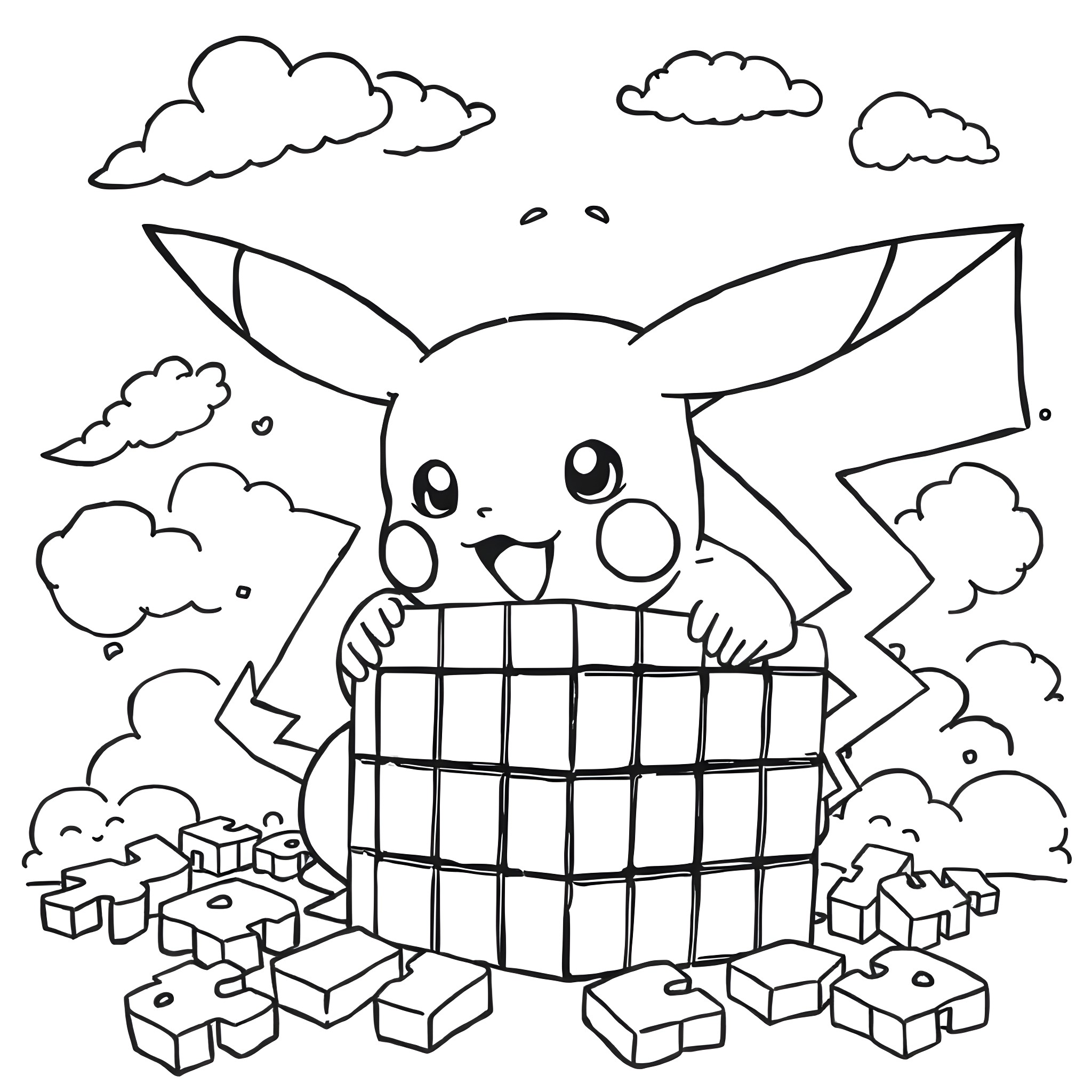 Pikachu playing joyfully with building blocks Coloring Page (free black-and-white line drawing printable PDF for all, from beginners to advanced learners, including children, teens, adults, and seniors)