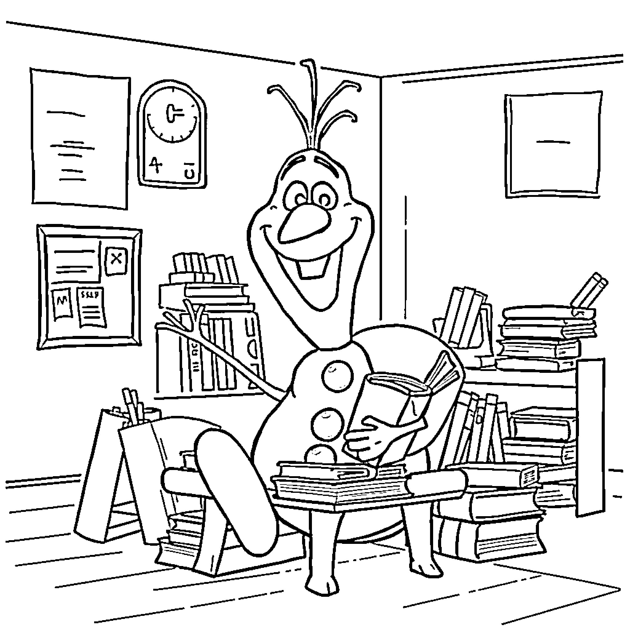 Olaf enjoying a cozy study session Coloring Page (free black-and-white line drawing printable PDF for all, from beginners to advanced learners, including children, teens, adults, and seniors)