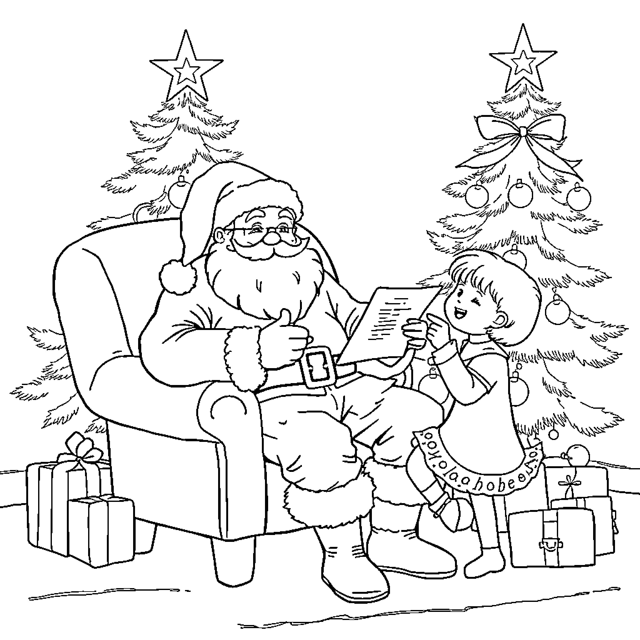 Santa gives gift to child near Christmas tree Coloring Page (free black-and-white line drawing printable PDF for all, from beginners to advanced learners, including children, teens, adults, and seniors)