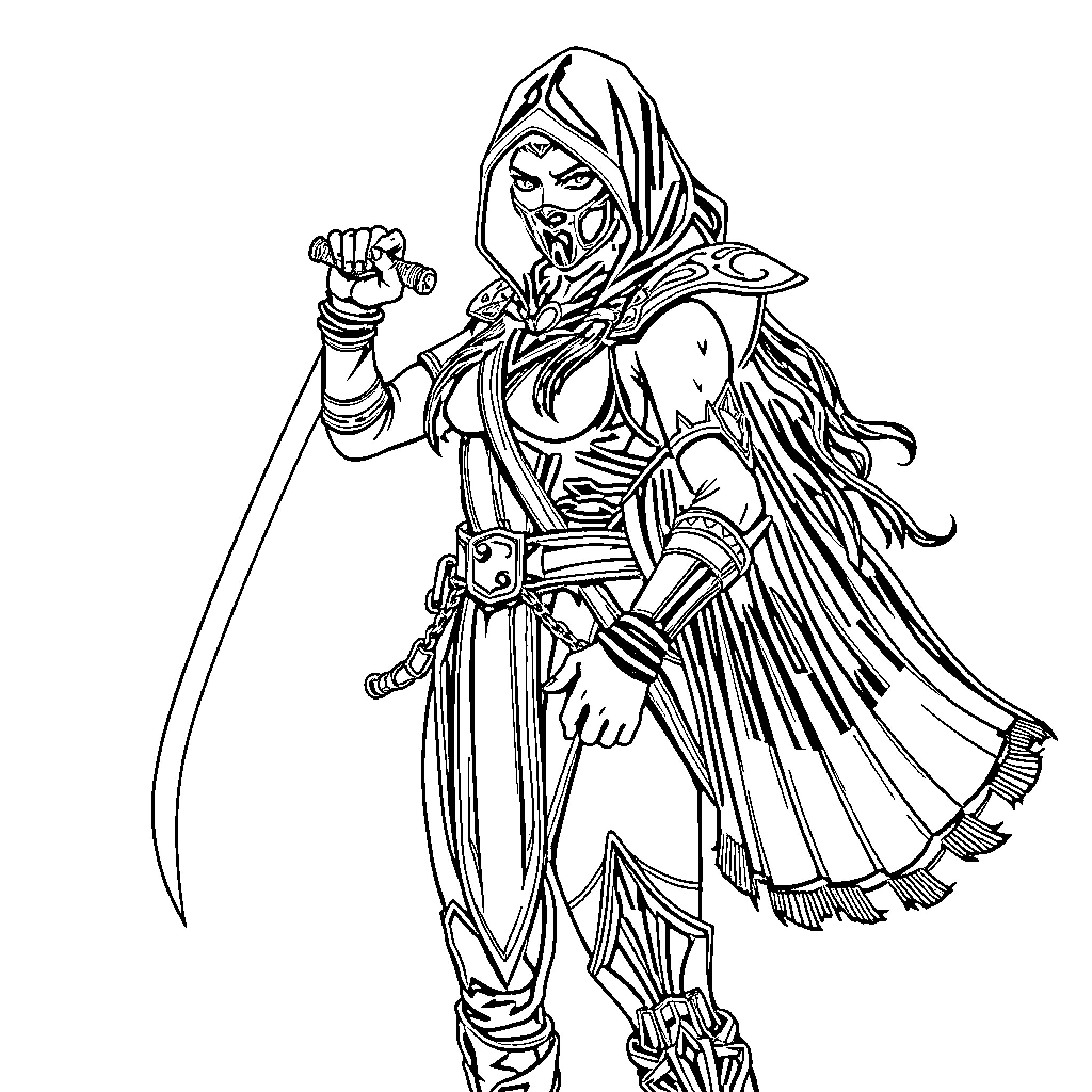 Katana-wielding warrior in hooded cloak Coloring Page (free black-and-white line drawing printable PDF for all, from beginners to advanced learners, including children, teens, adults, and seniors)