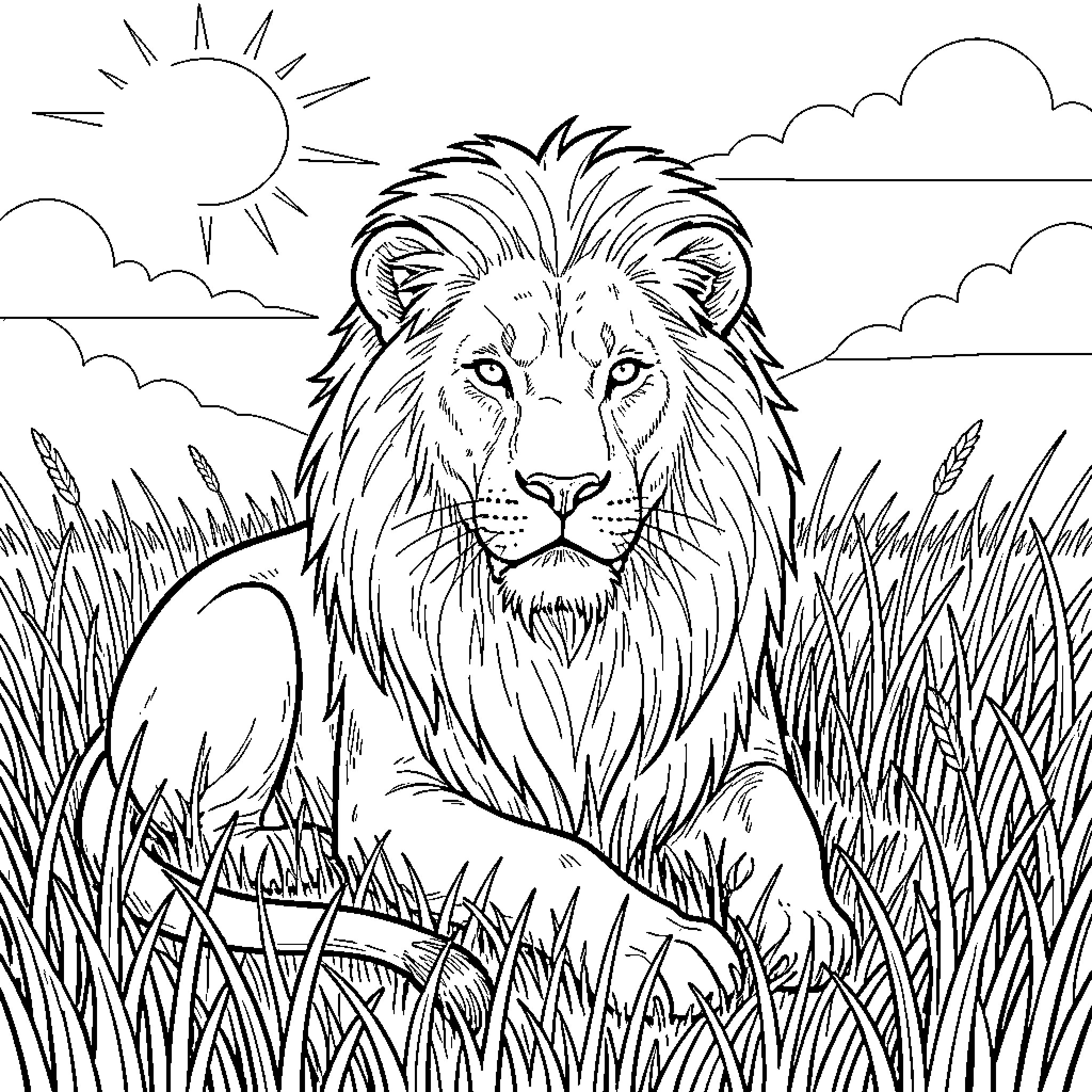 Lion sitting majestically in the savanna Coloring Page (free black-and-white line drawing printable PDF for all, from beginners to advanced learners, including children, teens, adults, and seniors)