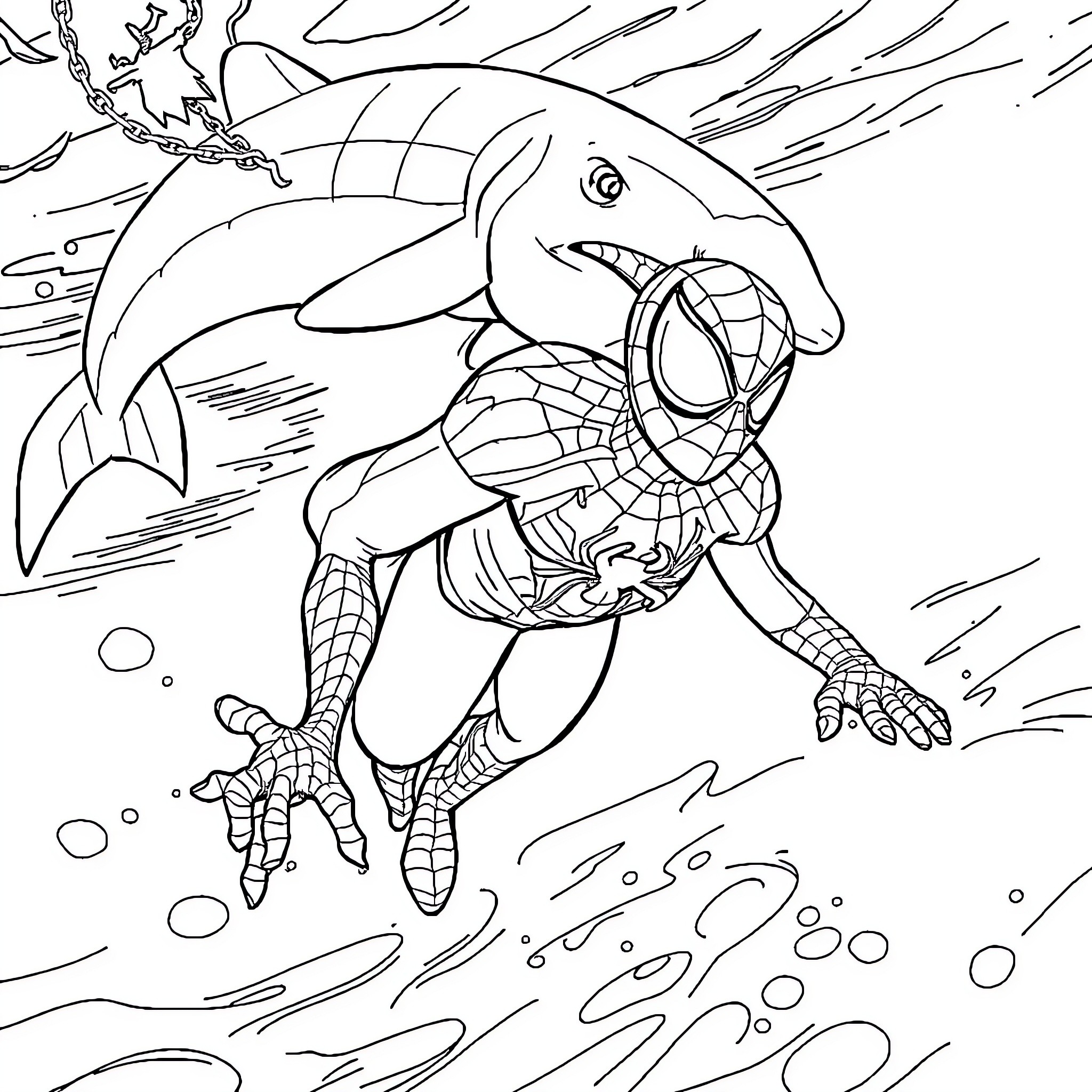 Spiderman swinging with a shark Coloring Page (free black-and-white line drawing printable PDF for all, from beginners to advanced learners, including children, teens, adults, and seniors)