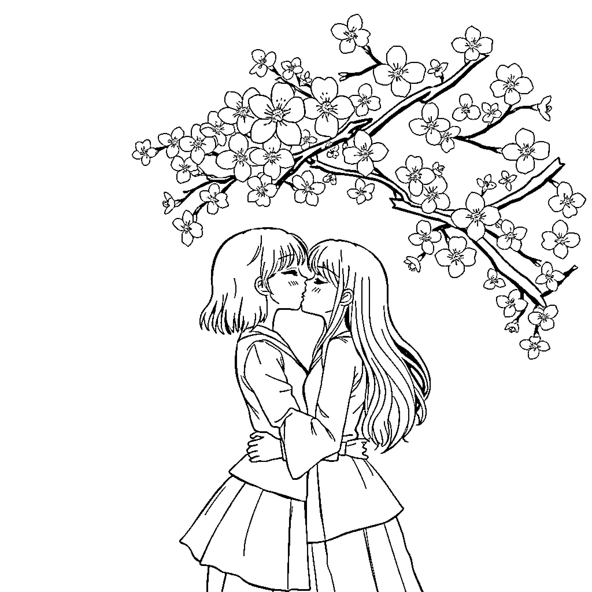 Girl Embracing Lovingly Under Blossoming Tree Coloring Page (free black-and-white line drawing printable PDF for all, from beginners to advanced learners, including children, teens, adults, and seniors)