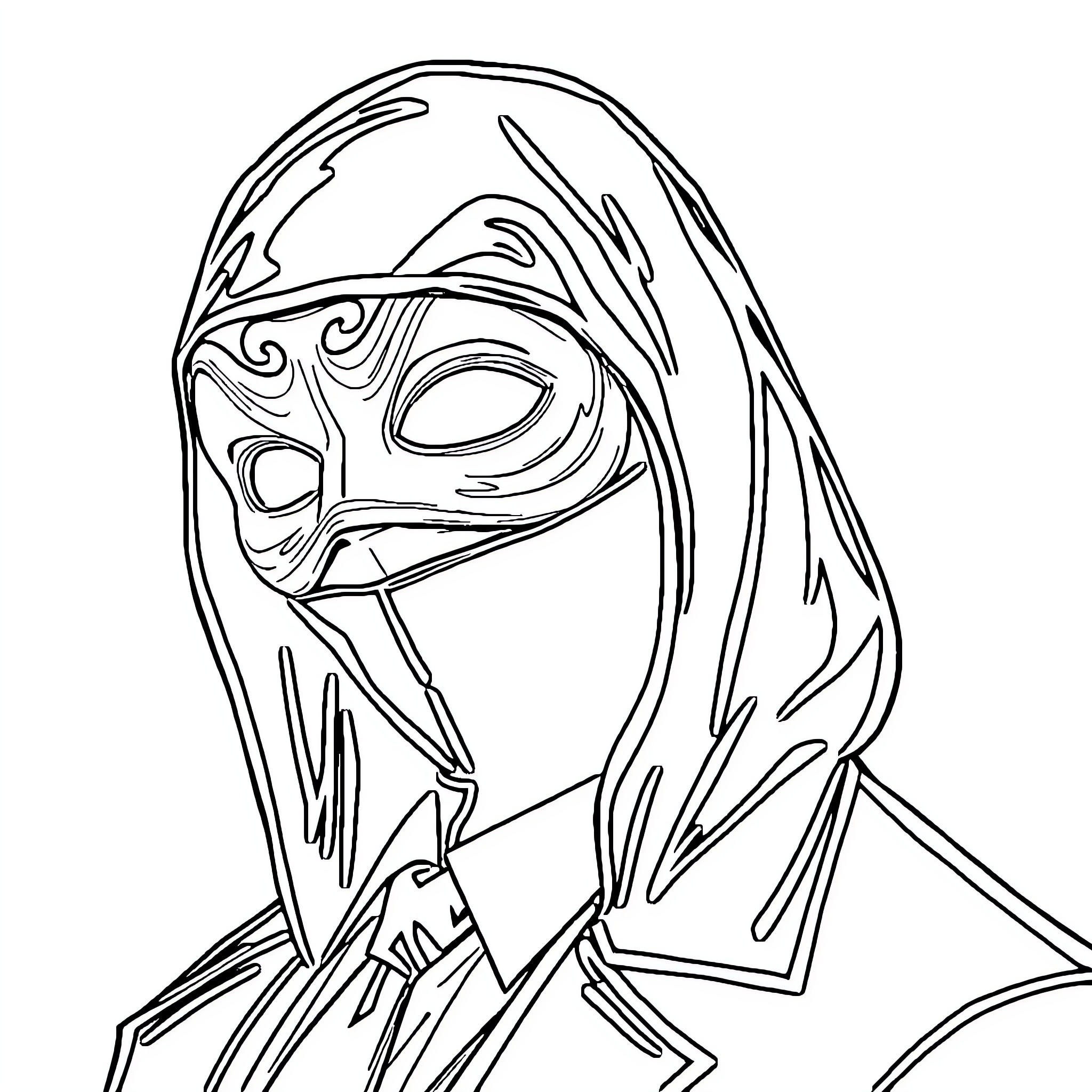 Mask of mysterious figure Coloring Page (free black-and-white line drawing printable PDF for all, from beginners to advanced learners, including children, teens, adults, and seniors)