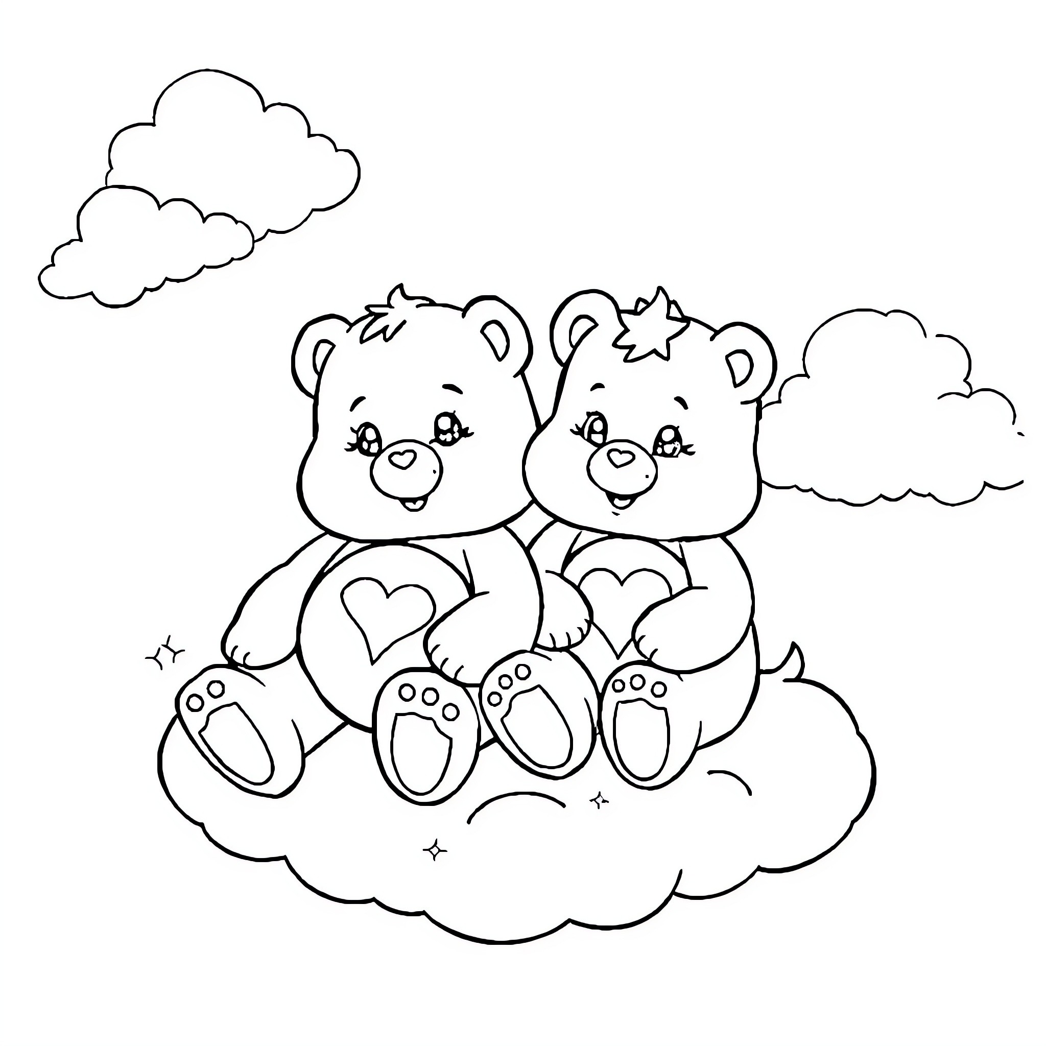Care Bears playing happily on the clouds Coloring Page (free black-and-white line drawing printable PDF for all, from beginners to advanced learners, including children, teens, adults, and seniors)