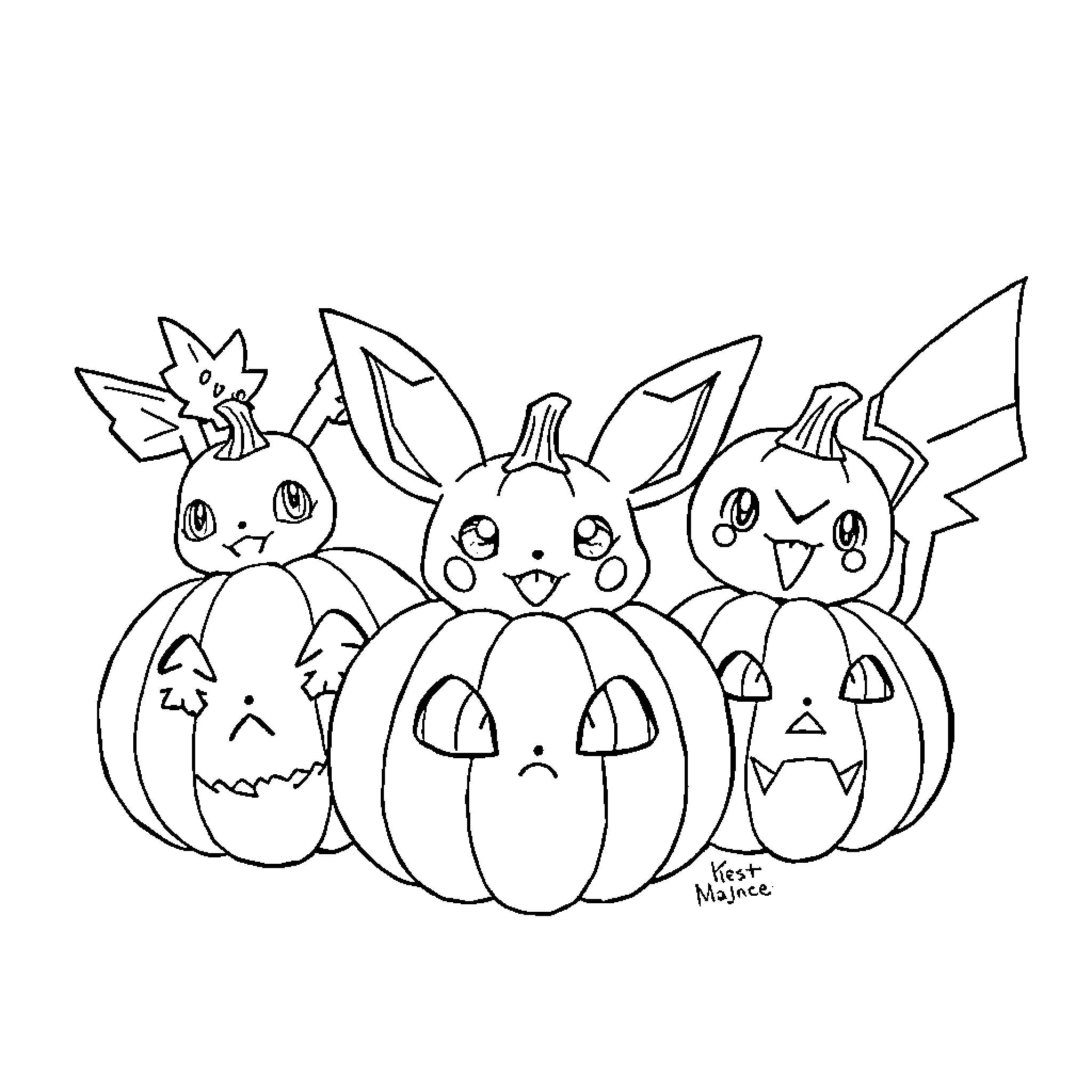Pokémon characters enjoying Halloween pumpkins Coloring Page (free black-and-white line drawing printable PDF for all, from beginners to advanced learners, including children, teens, adults, and seniors)