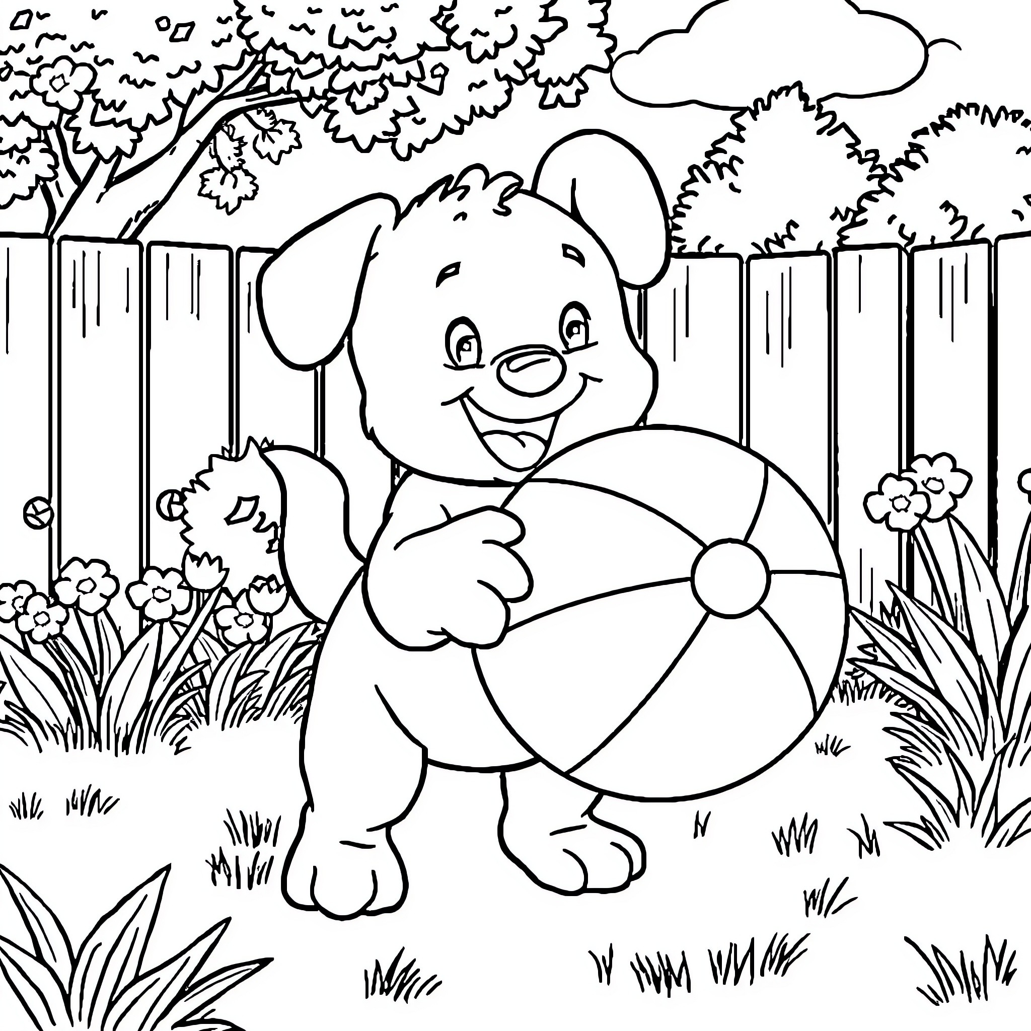 Bluey playing happily with a beach ball in the yard Coloring Page (free black-and-white line drawing printable PDF for all, from beginners to advanced learners, including children, teens, adults, and seniors)