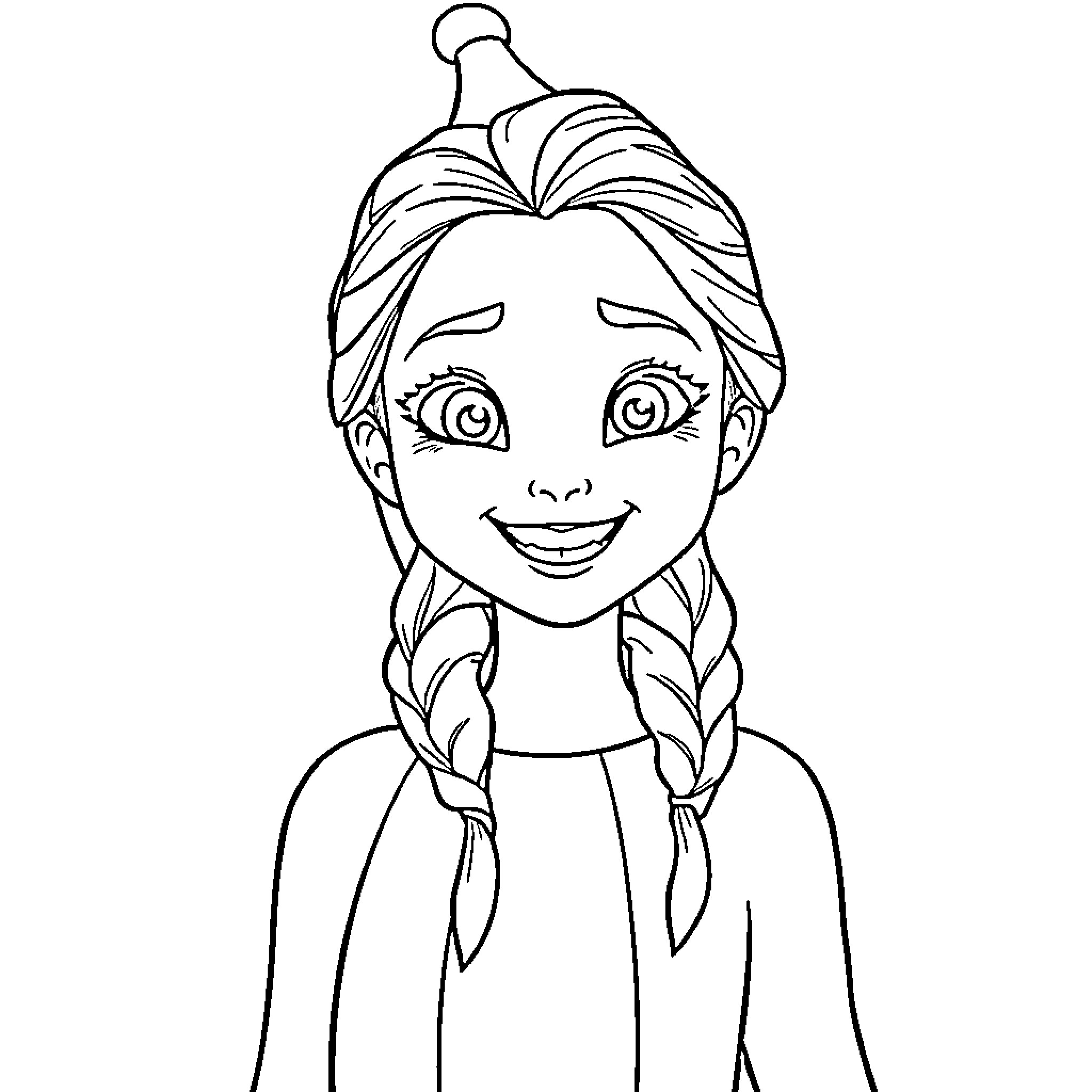 Princess with Braided Hair Smiling Cheerfully Coloring Page (free black-and-white line drawing printable PDF for all, from beginners to advanced learners, including children, teens, adults, and seniors)
