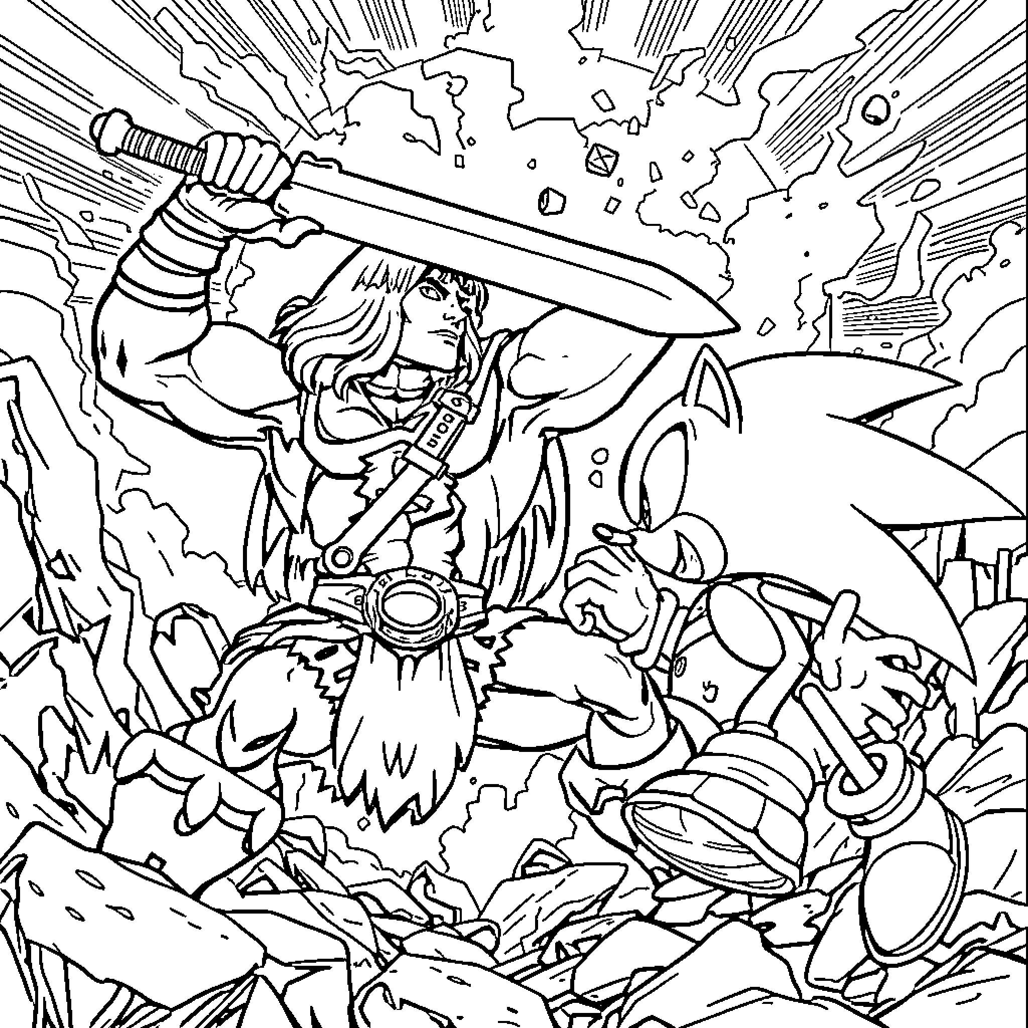 He-Man battles fiercely in a fantastical scene Coloring Page (free black-and-white line drawing printable PDF for all, from beginners to advanced learners, including children, teens, adults, and seniors)