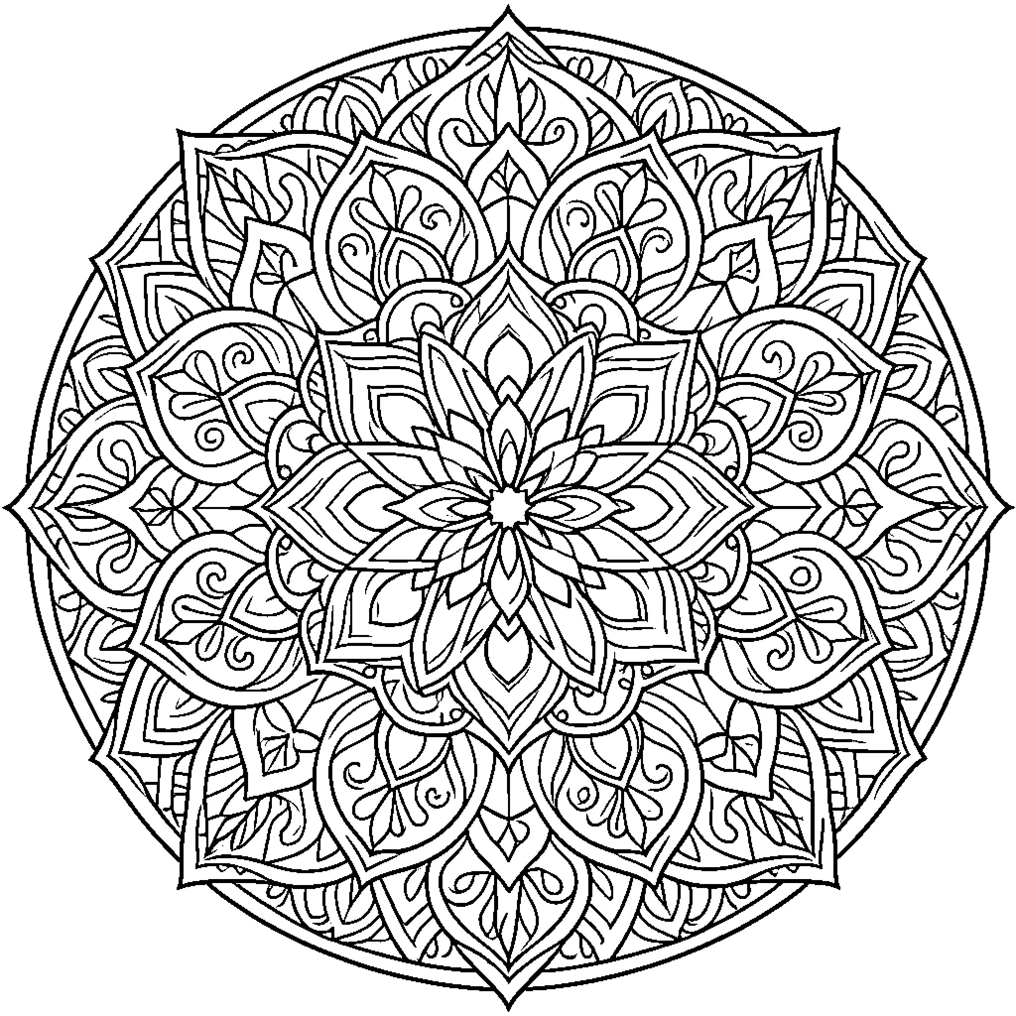 Mandala of intricate floral patterns and shapes Coloring Page (free black-and-white line drawing printable PDF for all, from beginners to advanced learners, including children, teens, adults, and seniors)