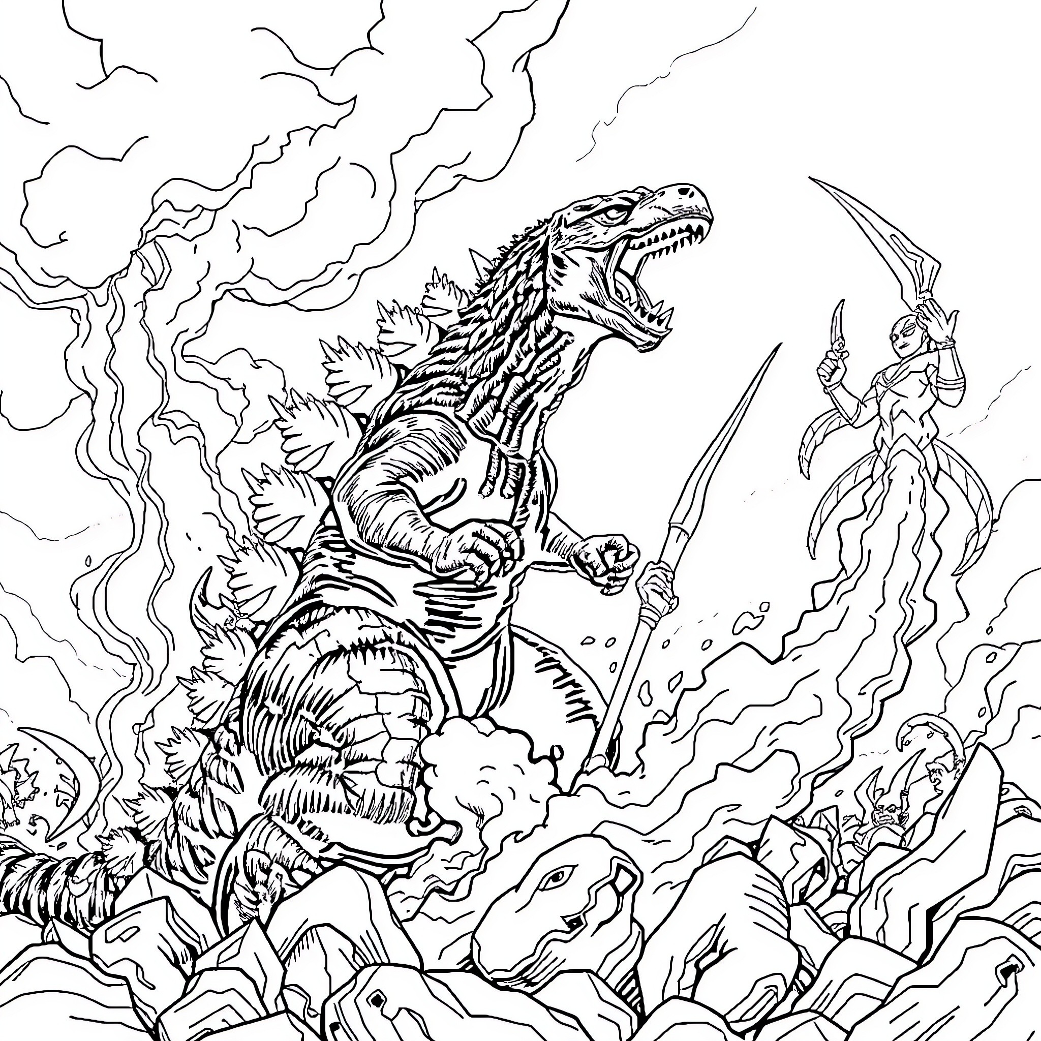 Godzilla rampaging through a chaotic, supernatural scene Coloring Page (free black-and-white line drawing printable PDF for all, from beginners to advanced learners, including children, teens, adults, and seniors)