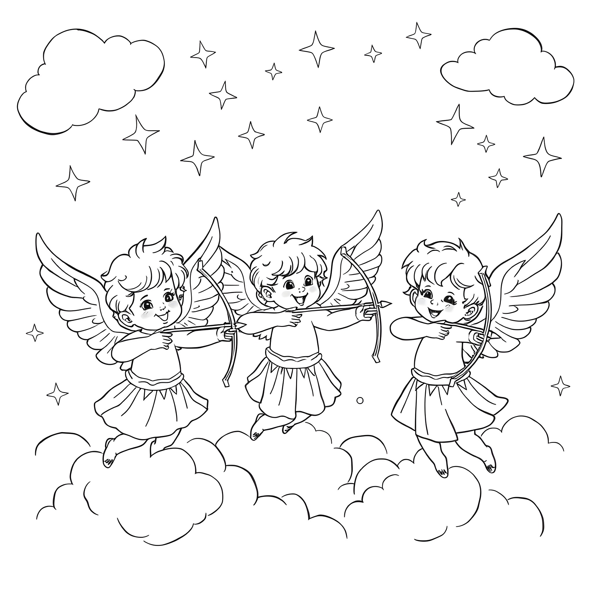 Angel cherubs playing with bows and arrows in the clouds Coloring Page (free black-and-white line drawing printable PDF for all, from beginners to advanced learners, including children, teens, adults, and seniors)