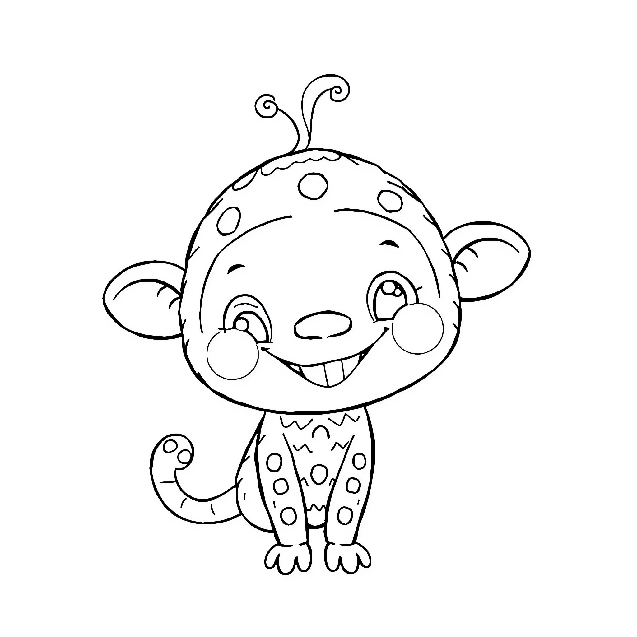 Labubu's Friendly Creature with Spots and Curls Coloring Page (free black-and-white line drawing printable PDF for all, from beginners to advanced learners, including children, teens, adults, and seniors)