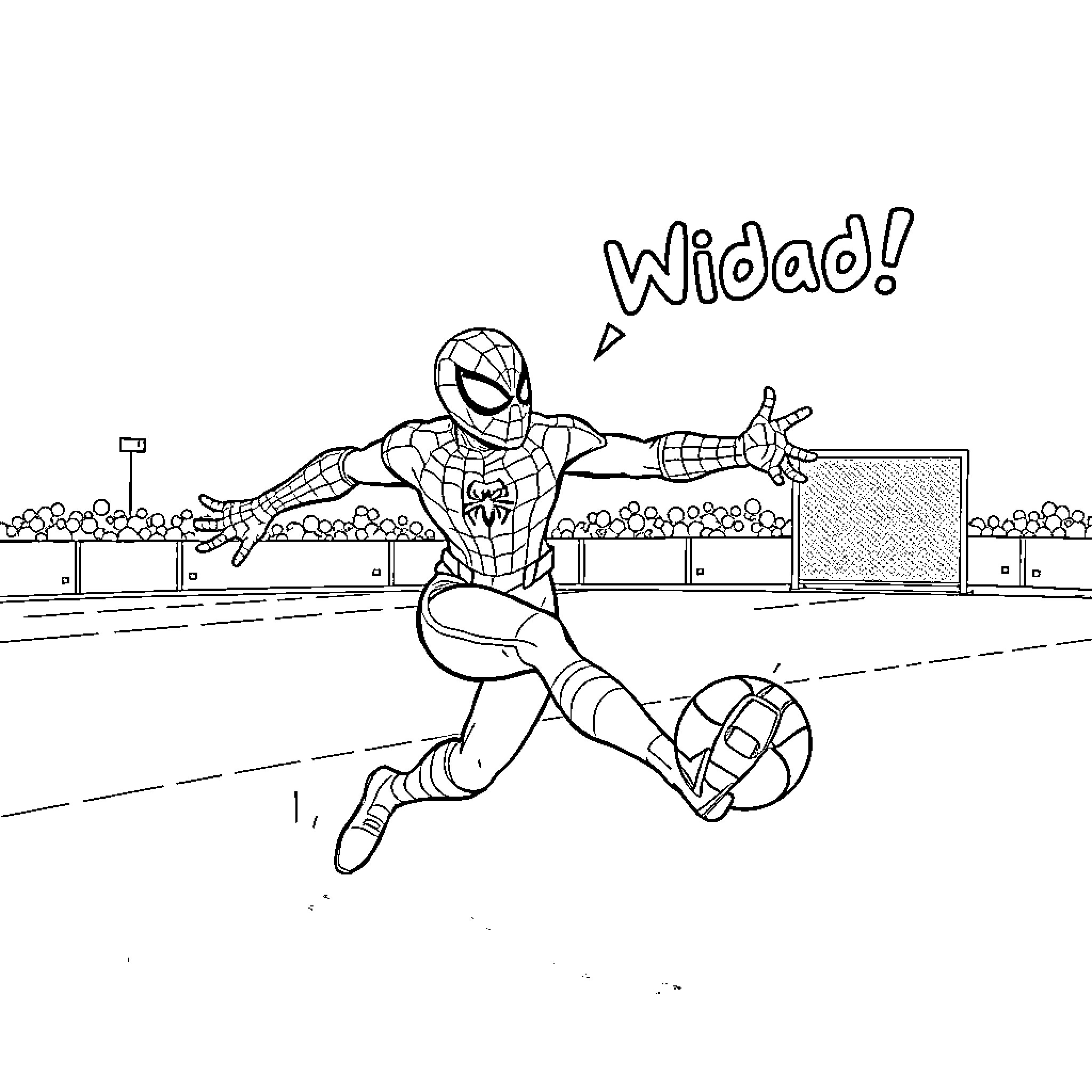 Spiderman swinging and cheering on the street Coloring Page (free black-and-white line drawing printable PDF for all, from beginners to advanced learners, including children, teens, adults, and seniors)