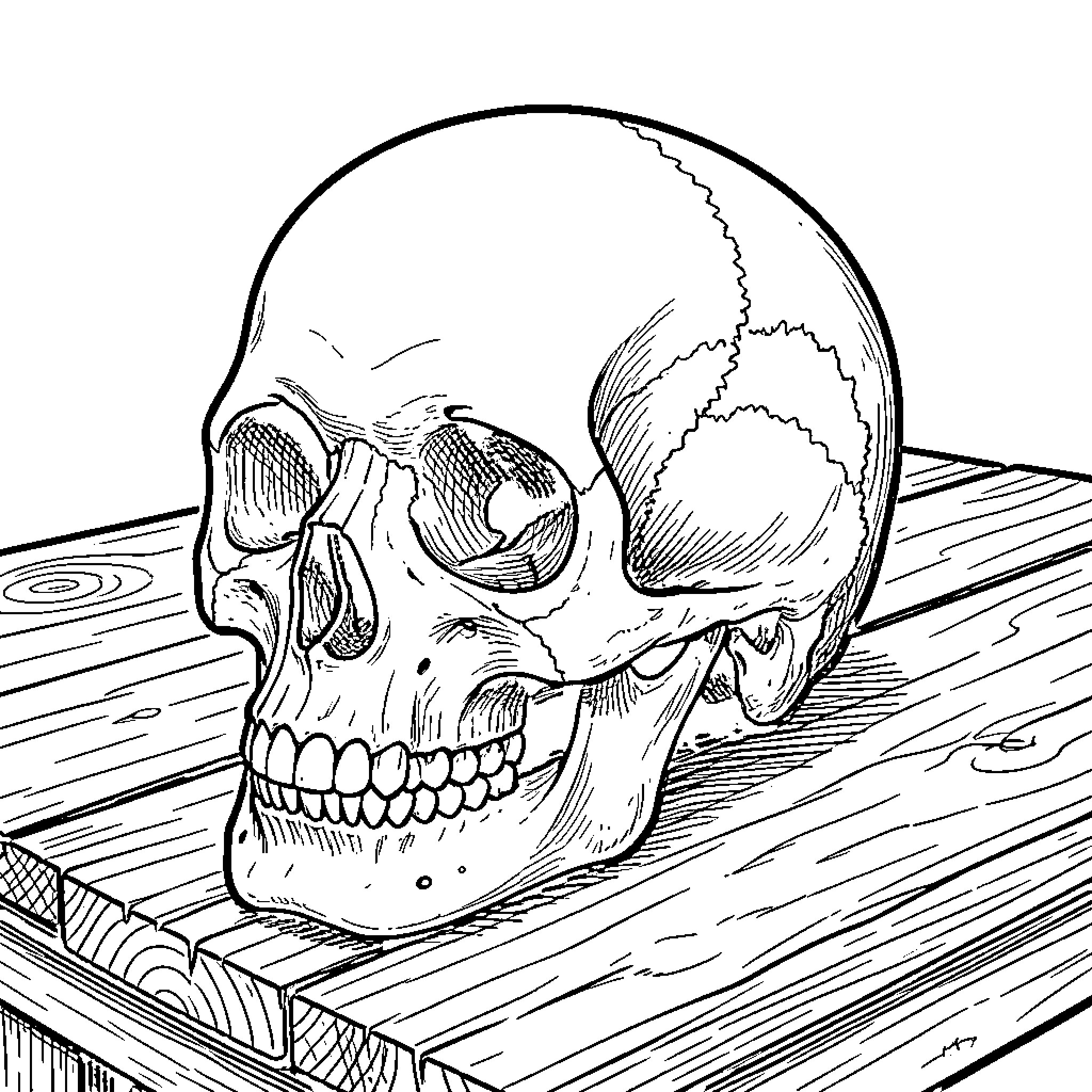 Skull resting on a wooden surface Coloring Page (free black-and-white line drawing printable PDF for all, from beginners to advanced learners, including children, teens, adults, and seniors)