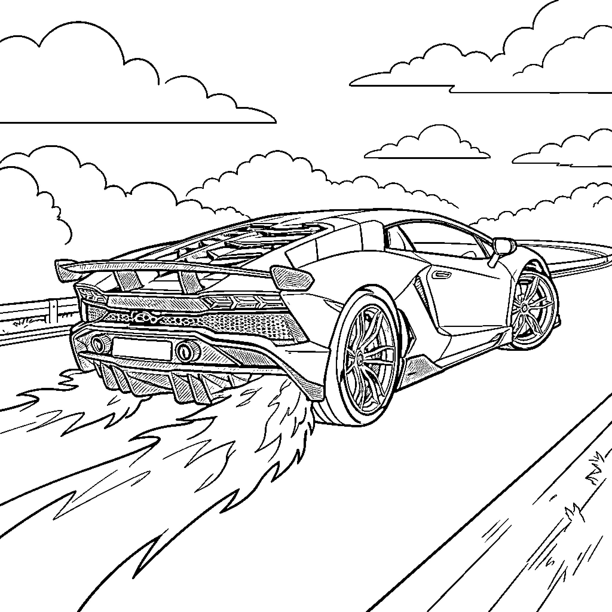 Aventador supercar speeding on the open road Coloring Page (free black-and-white line drawing printable PDF for all, from beginners to advanced learners, including children, teens, adults, and seniors)