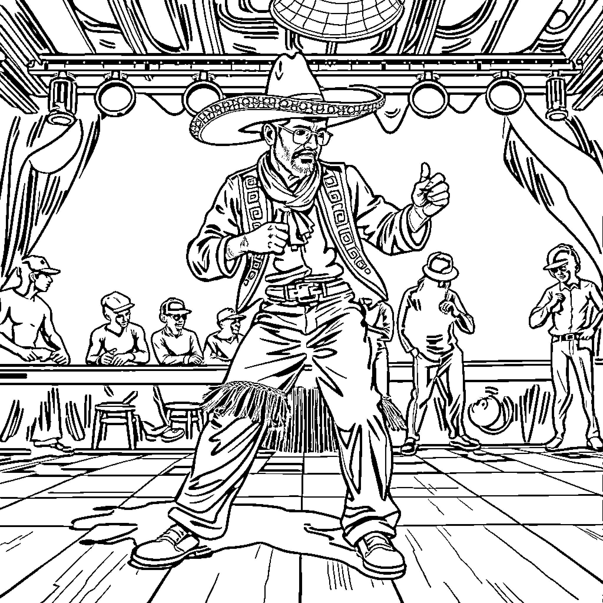 Gaucho performing traditional dance on stage Coloring Page (free black-and-white line drawing printable PDF for all, from beginners to advanced learners, including children, teens, adults, and seniors)