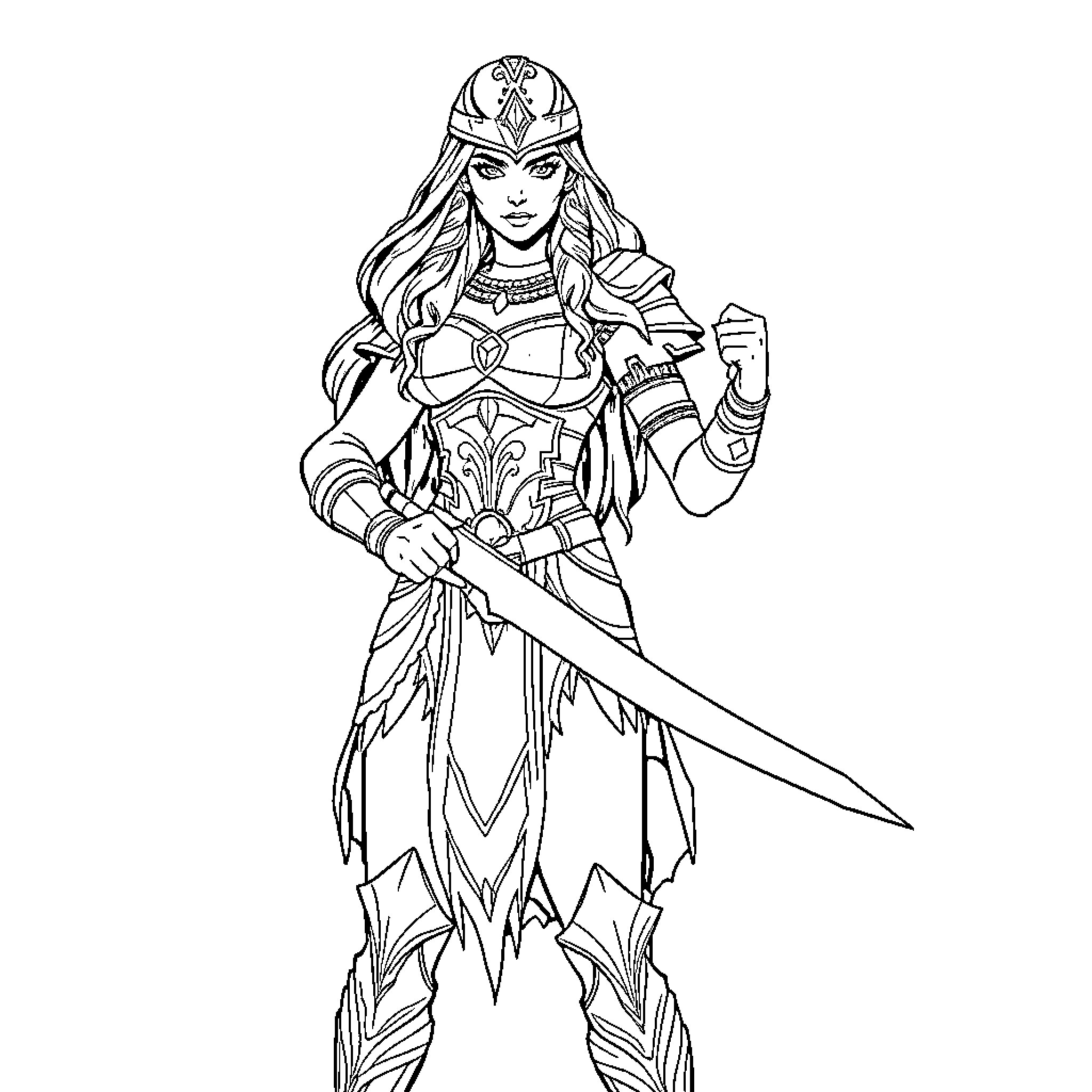 Xena the Warrior Princess in Battle Stance Coloring Page (free black-and-white line drawing printable PDF for all, from beginners to advanced learners, including children, teens, adults, and seniors)