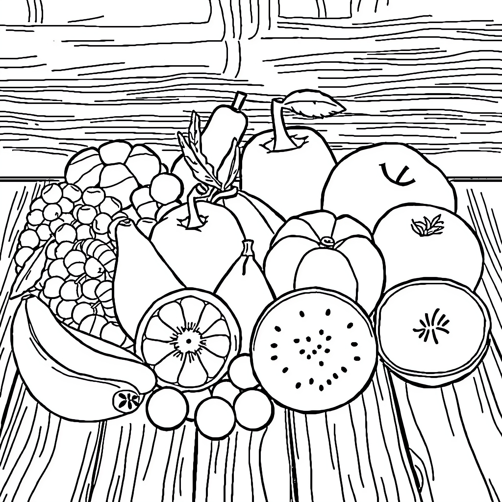 Fruit Basket on Wooden Surface Coloring Page (free black-and-white line drawing printable PDF for all, from beginners to advanced learners, including children, teens, adults, and seniors)