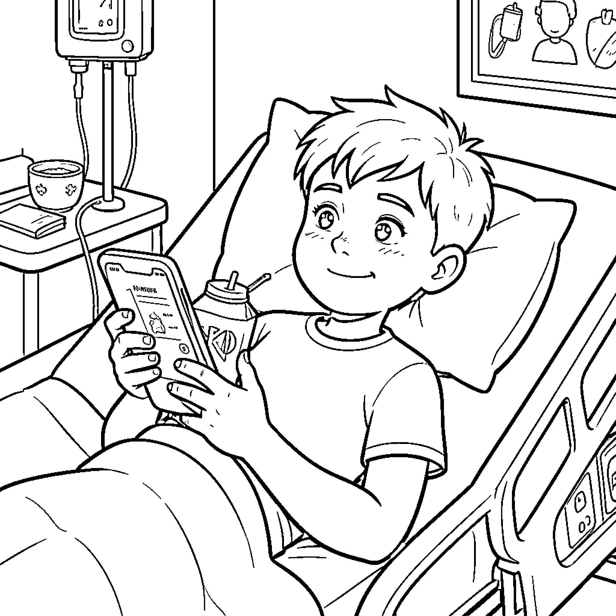 Boy lying in hospital bed using a smartphone Coloring Page (free black-and-white line drawing printable PDF for all, from beginners to advanced learners, including children, teens, adults, and seniors)
