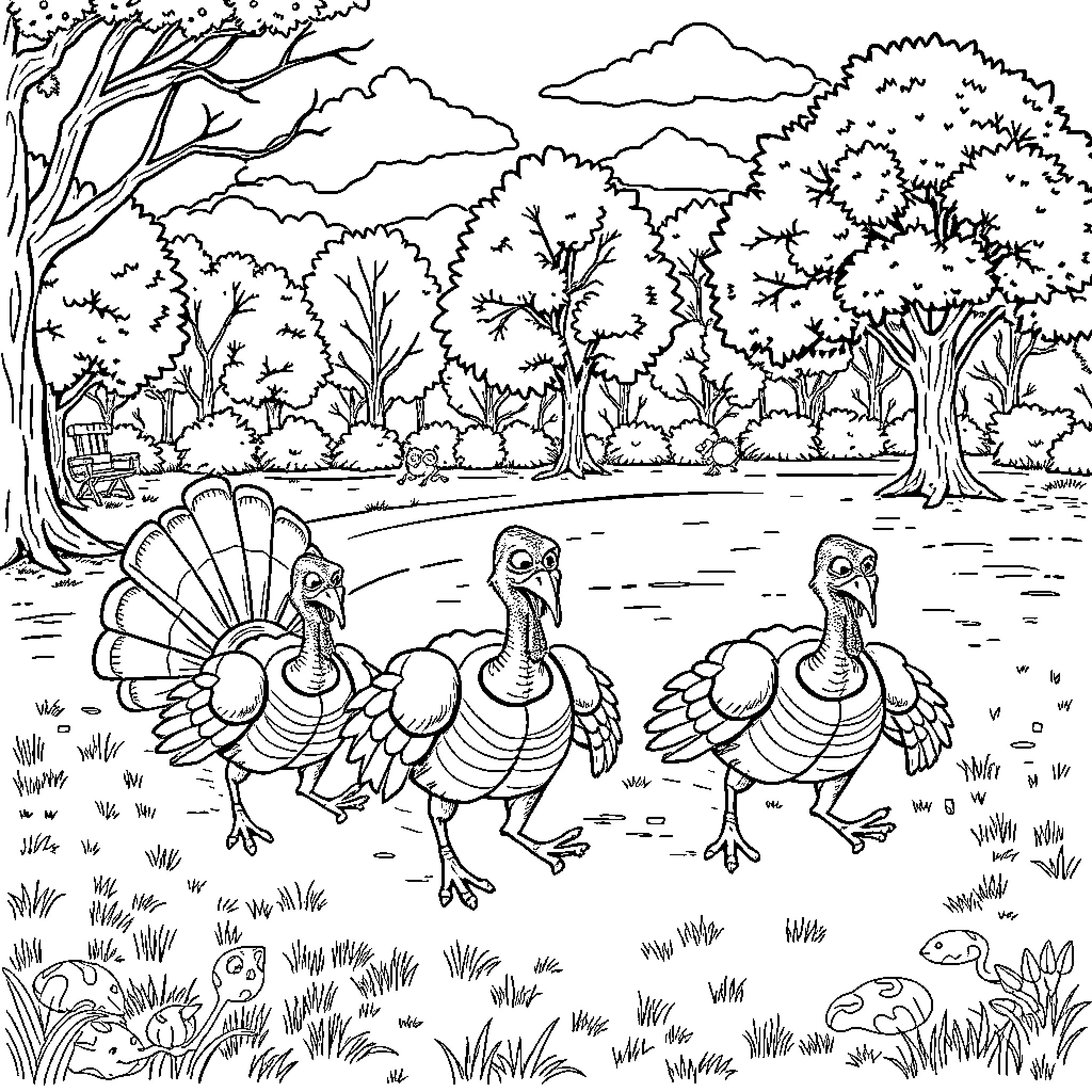 Turkey family strolling through an autumn forest Coloring Page (free black-and-white line drawing printable PDF for all, from beginners to advanced learners, including children, teens, adults, and seniors)