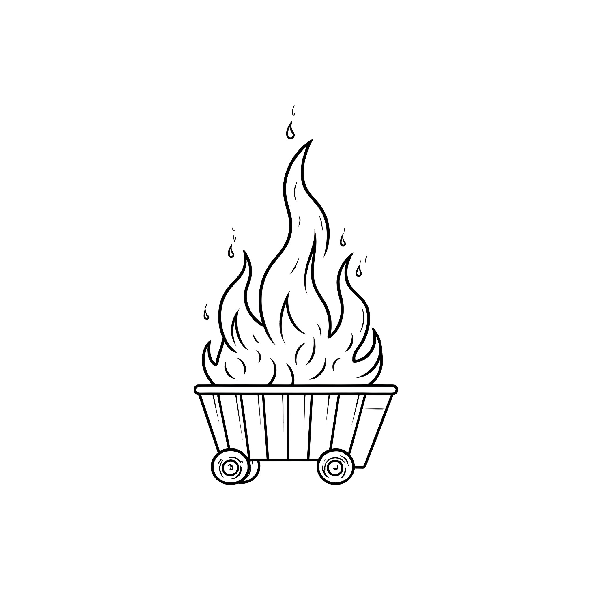 Dumpster on fire Coloring Page (free black-and-white line drawing printable PDF for all, from beginners to advanced learners, including children, teens, adults, and seniors)