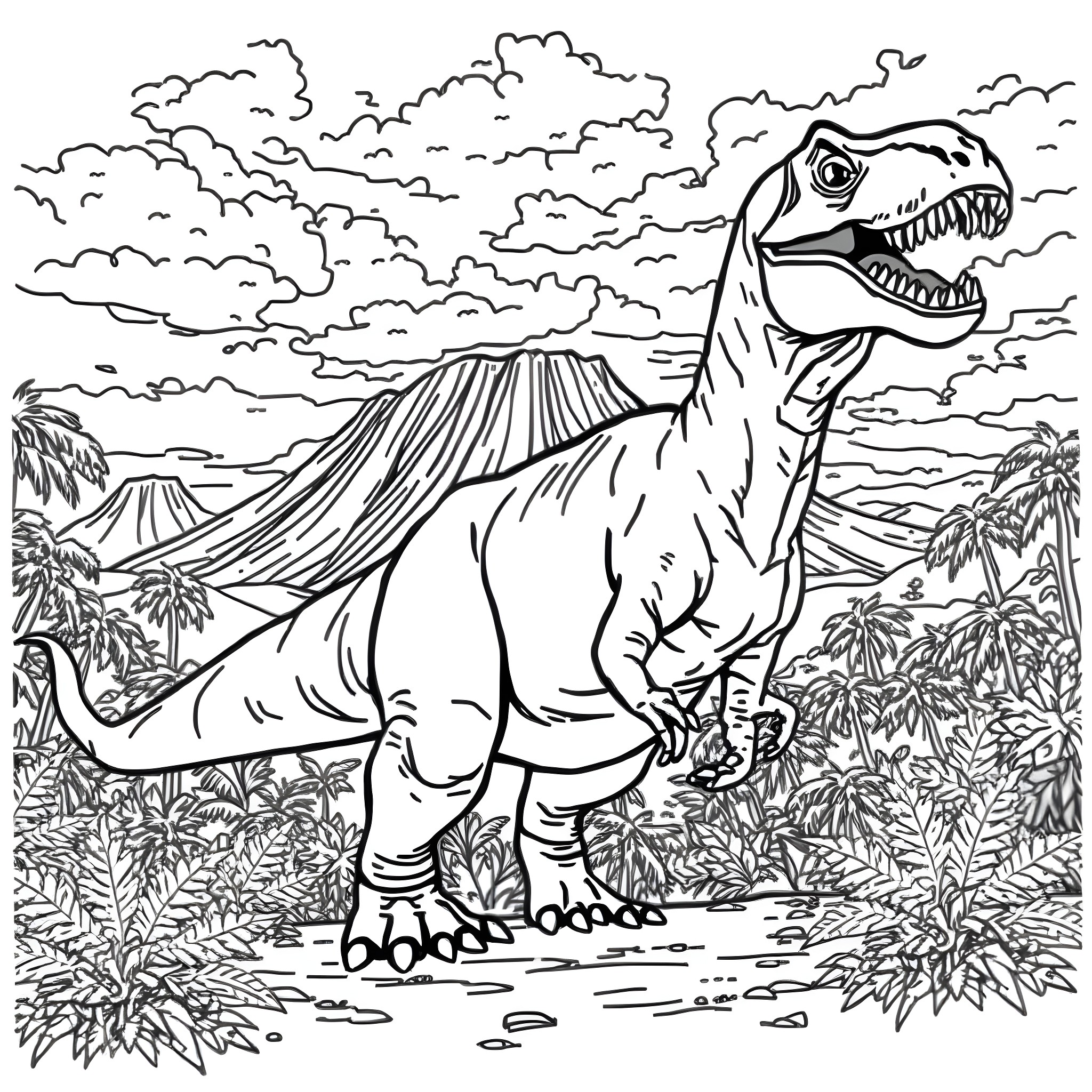 Dinosaur roaming through prehistoric landscape Coloring Page (free black-and-white line drawing printable PDF for all, from beginners to advanced learners, including children, teens, adults, and seniors)