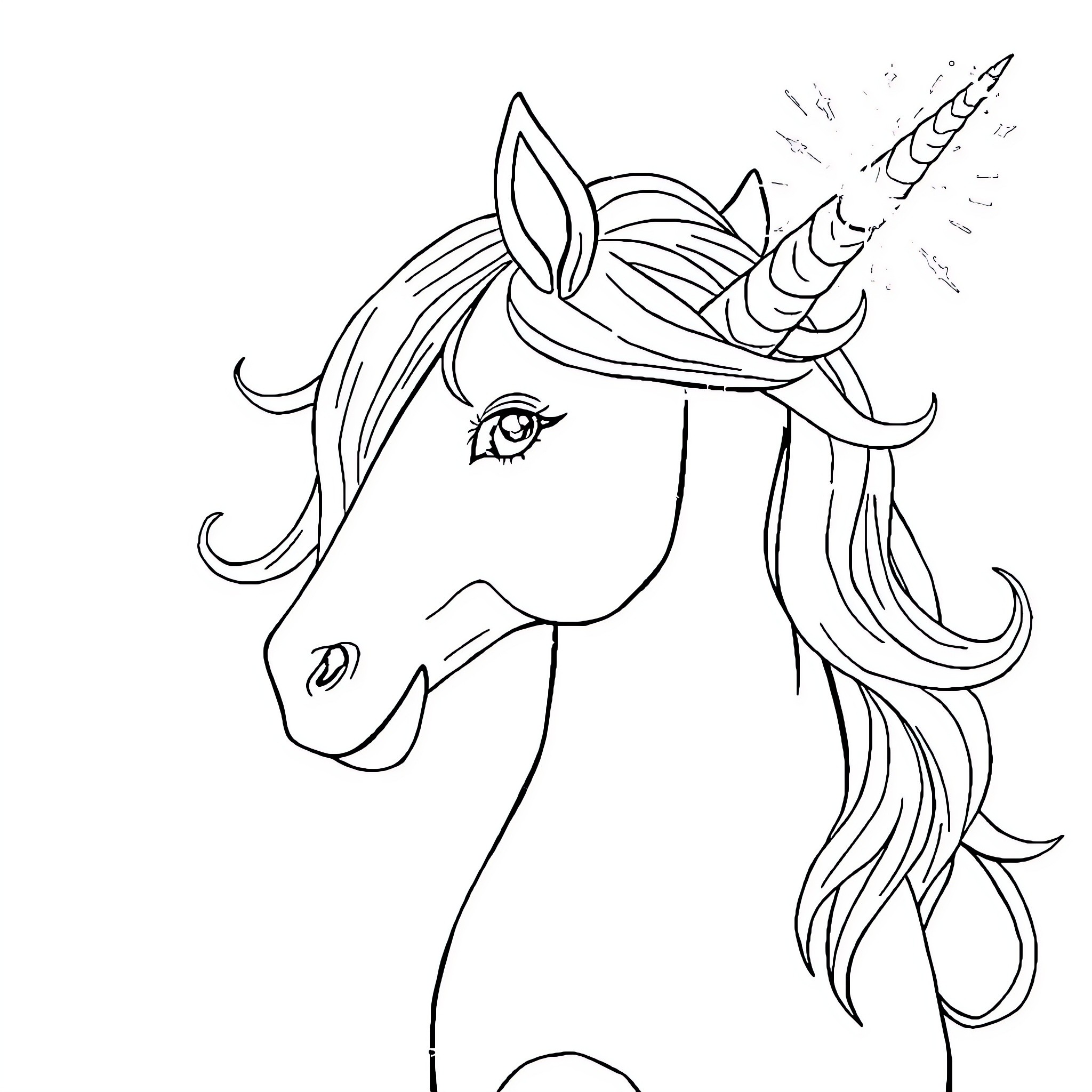 Unicorn with elegant mane and horn Coloring Page (free black-and-white line drawing printable PDF for all, from beginners to advanced learners, including children, teens, adults, and seniors)
