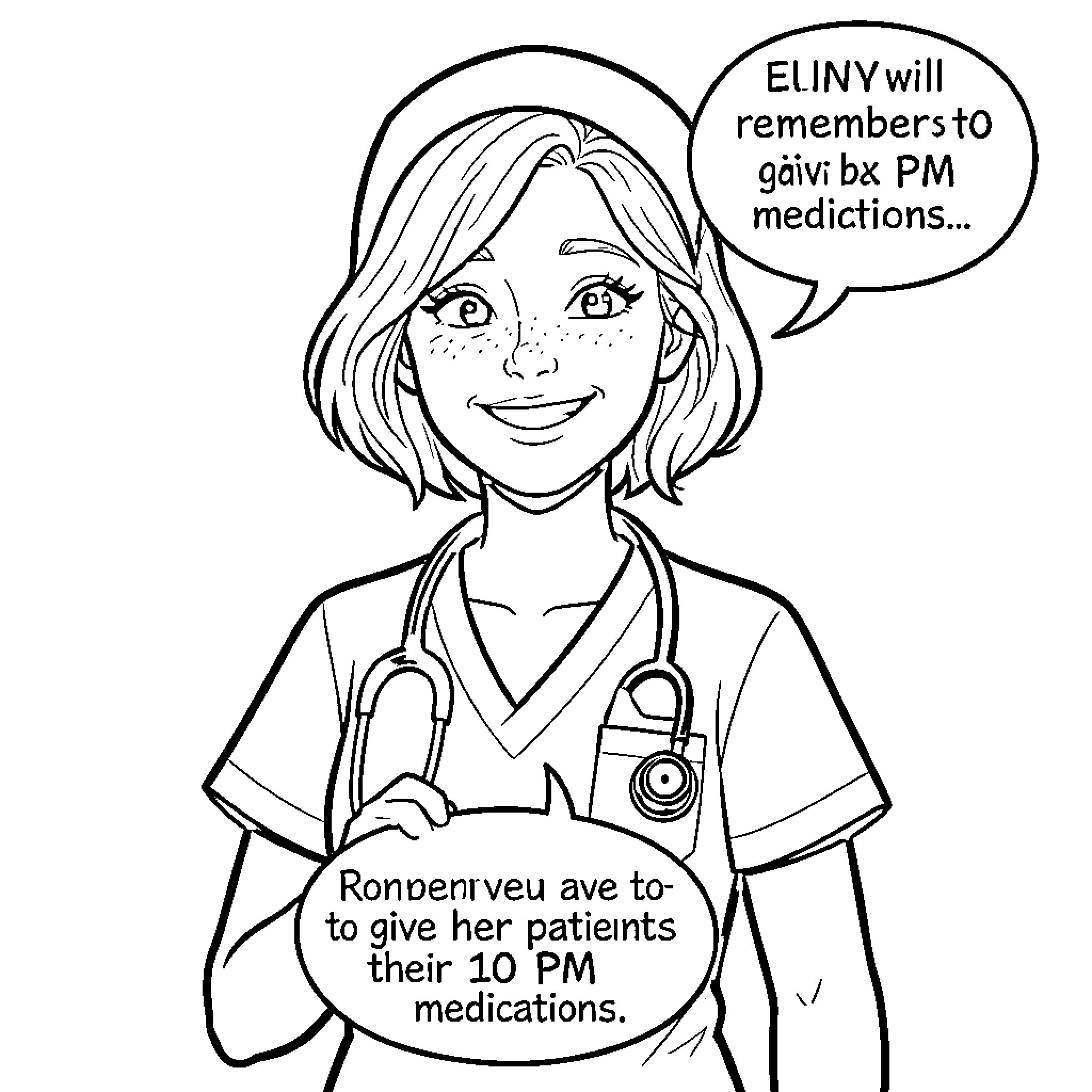 Nurse Reminds Patients to Take Medications on Time Coloring Page (free black-and-white line drawing printable PDF for all, from beginners to advanced learners, including children, teens, adults, and seniors)