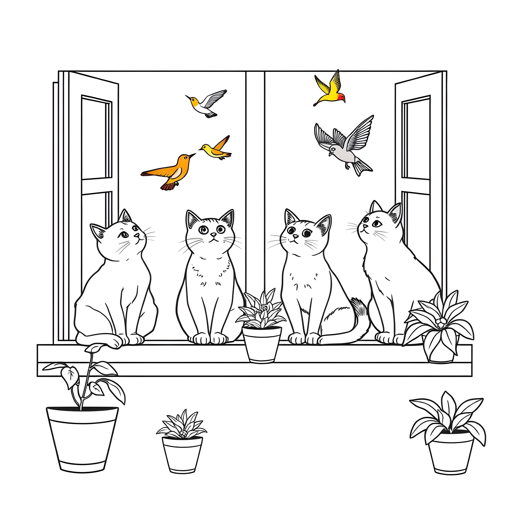 Cats watching birds through the window Coloring Page (free black-and-white line drawing printable PDF for all, from beginners to advanced learners, including children, teens, adults, and seniors)