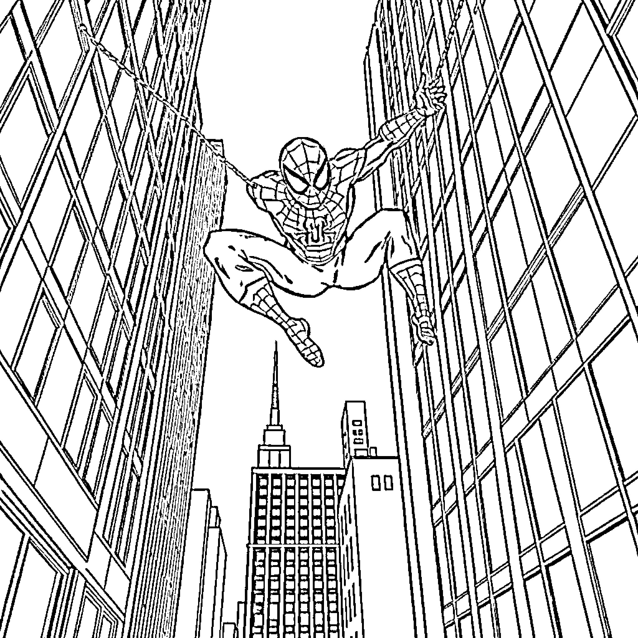 Spider-Man swinging through the city skyline Coloring Page (free black-and-white line drawing printable PDF for all, from beginners to advanced learners, including children, teens, adults, and seniors)