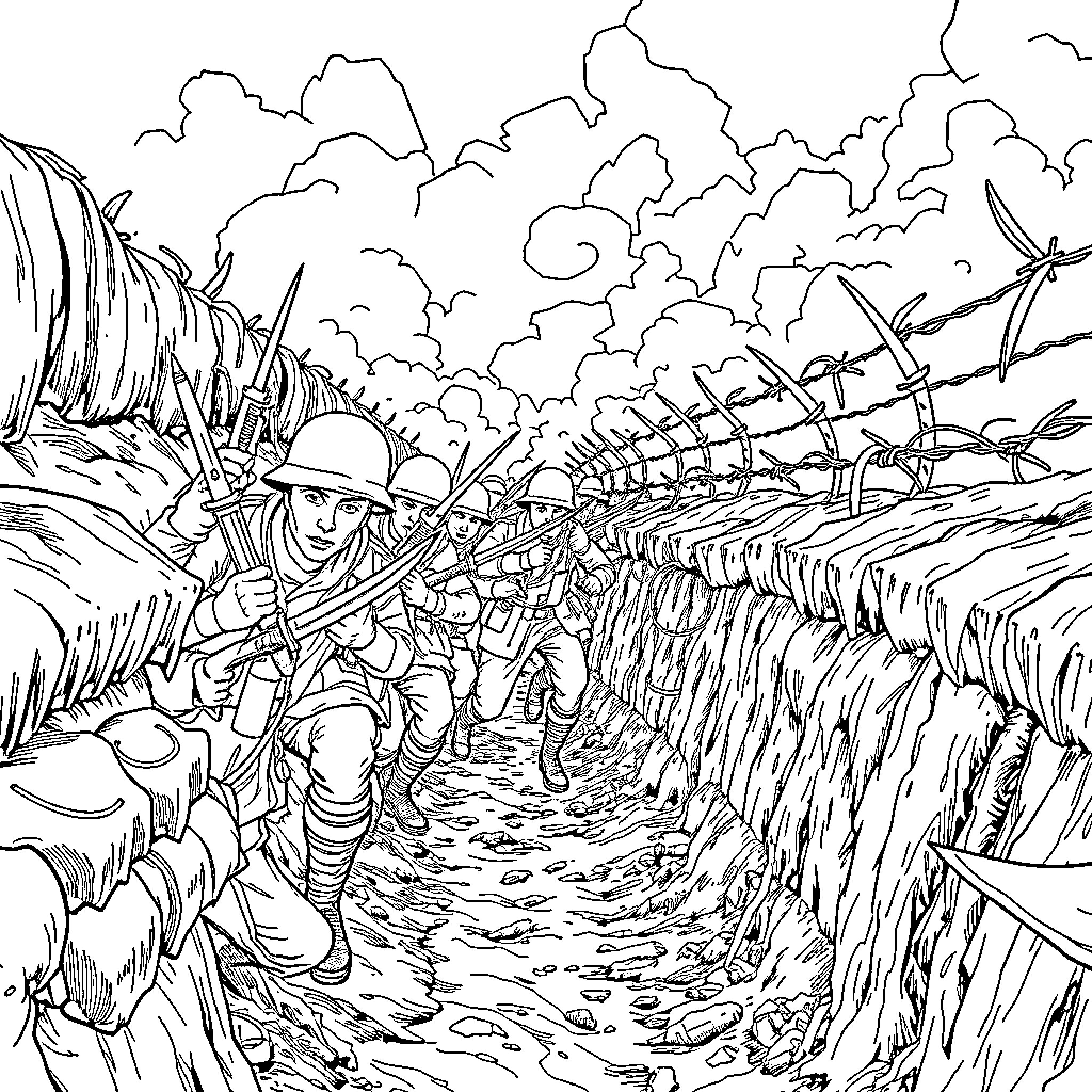 Soldier Brigade Advancing Through Treacherous Battlefield Coloring Page (free black-and-white line drawing printable PDF for all, from beginners to advanced learners, including children, teens, adults, and seniors)