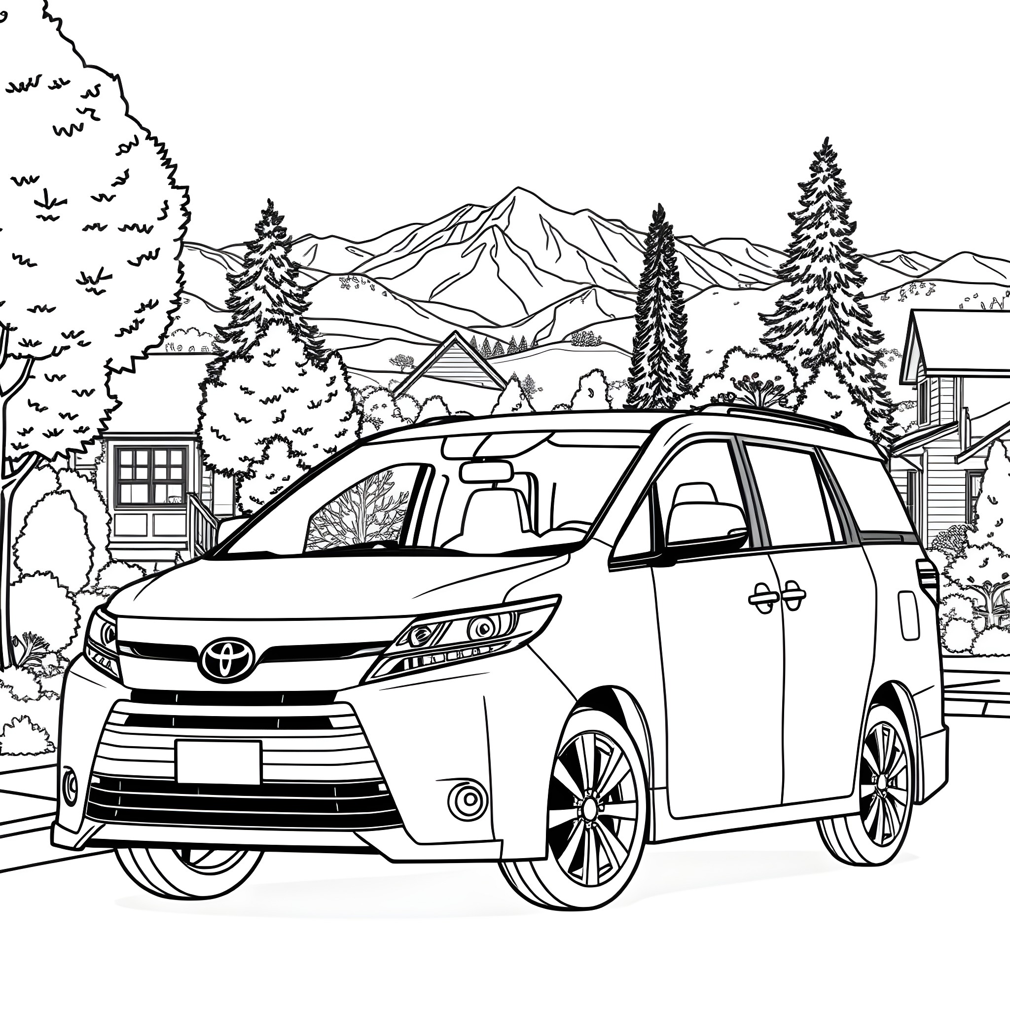 Toyota Minivan in the Scenic Mountain Landscape Coloring Page (free black-and-white line drawing printable PDF for all, from beginners to advanced learners, including children, teens, adults, and seniors)