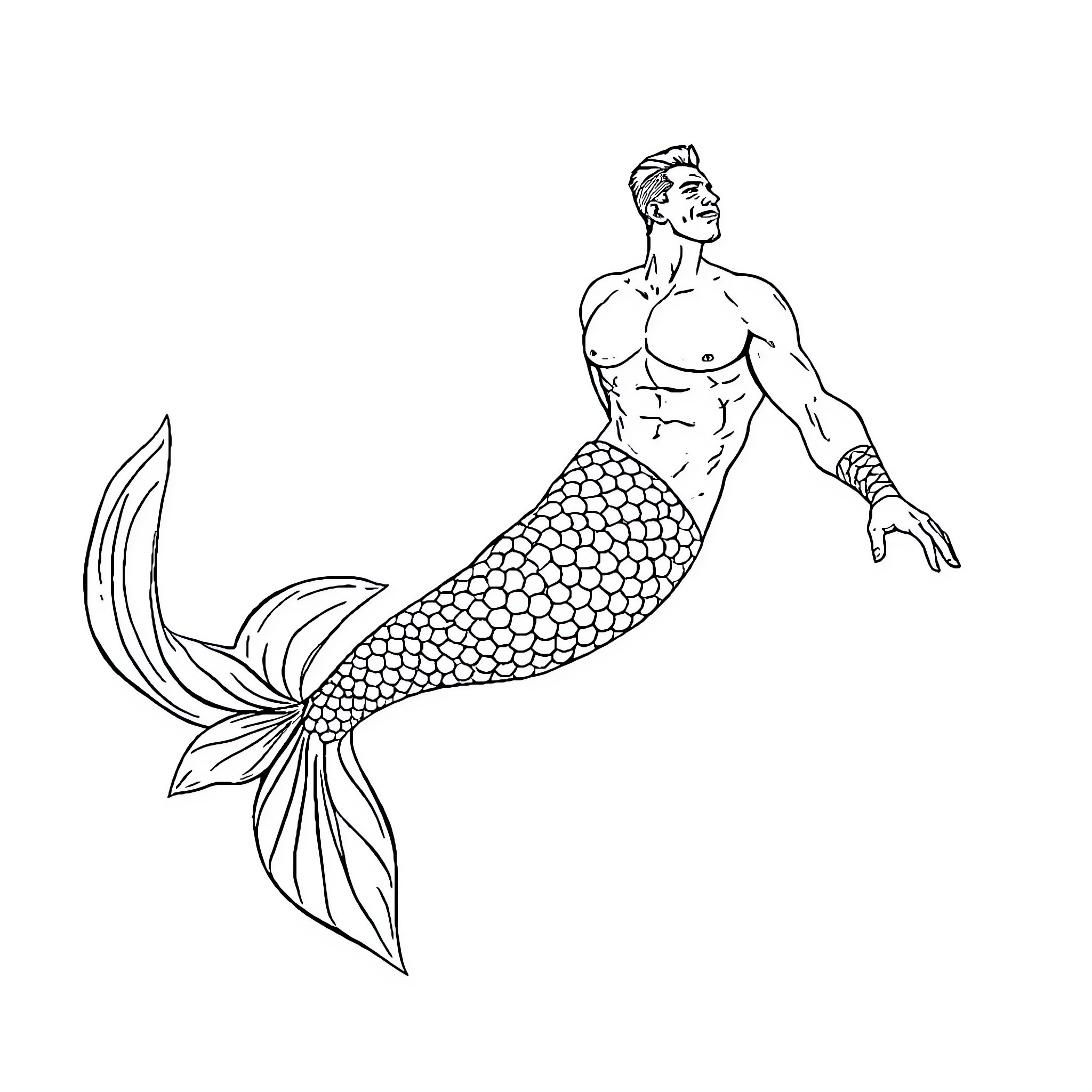 John Cena as a majestic merman Coloring Page (free black-and-white line drawing printable PDF for all, from beginners to advanced learners, including children, teens, adults, and seniors)