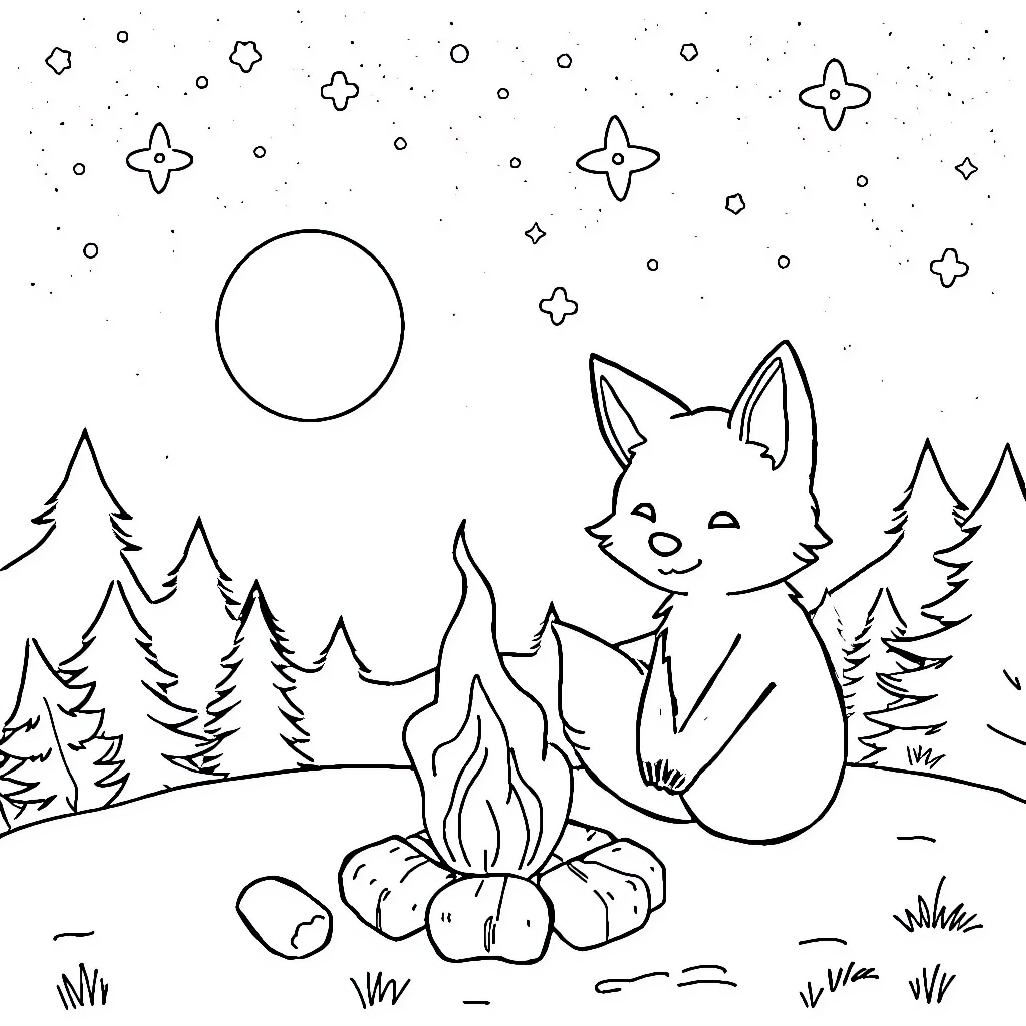 Fox relaxing by the campfire under starry night Coloring Page (free black-and-white line drawing printable PDF for all, from beginners to advanced learners, including children, teens, adults, and seniors)