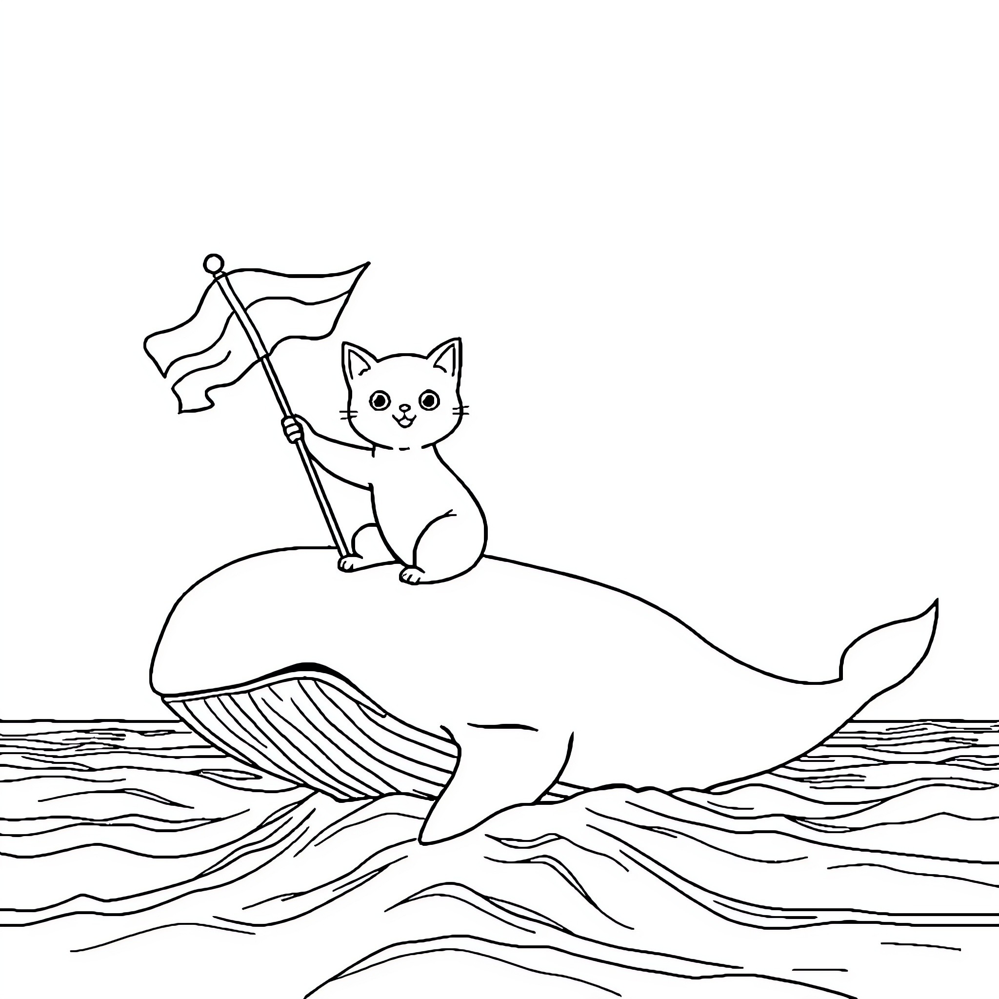 Cat exploring the ocean on a whale Coloring Page (free black-and-white line drawing printable PDF for all, from beginners to advanced learners, including children, teens, adults, and seniors)