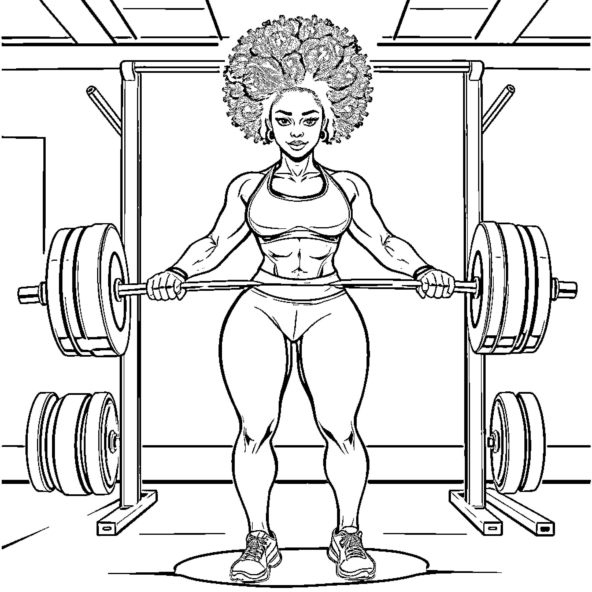 Woman lifting weights at the gym Coloring Page (free black-and-white line drawing printable PDF for all, from beginners to advanced learners, including children, teens, adults, and seniors)