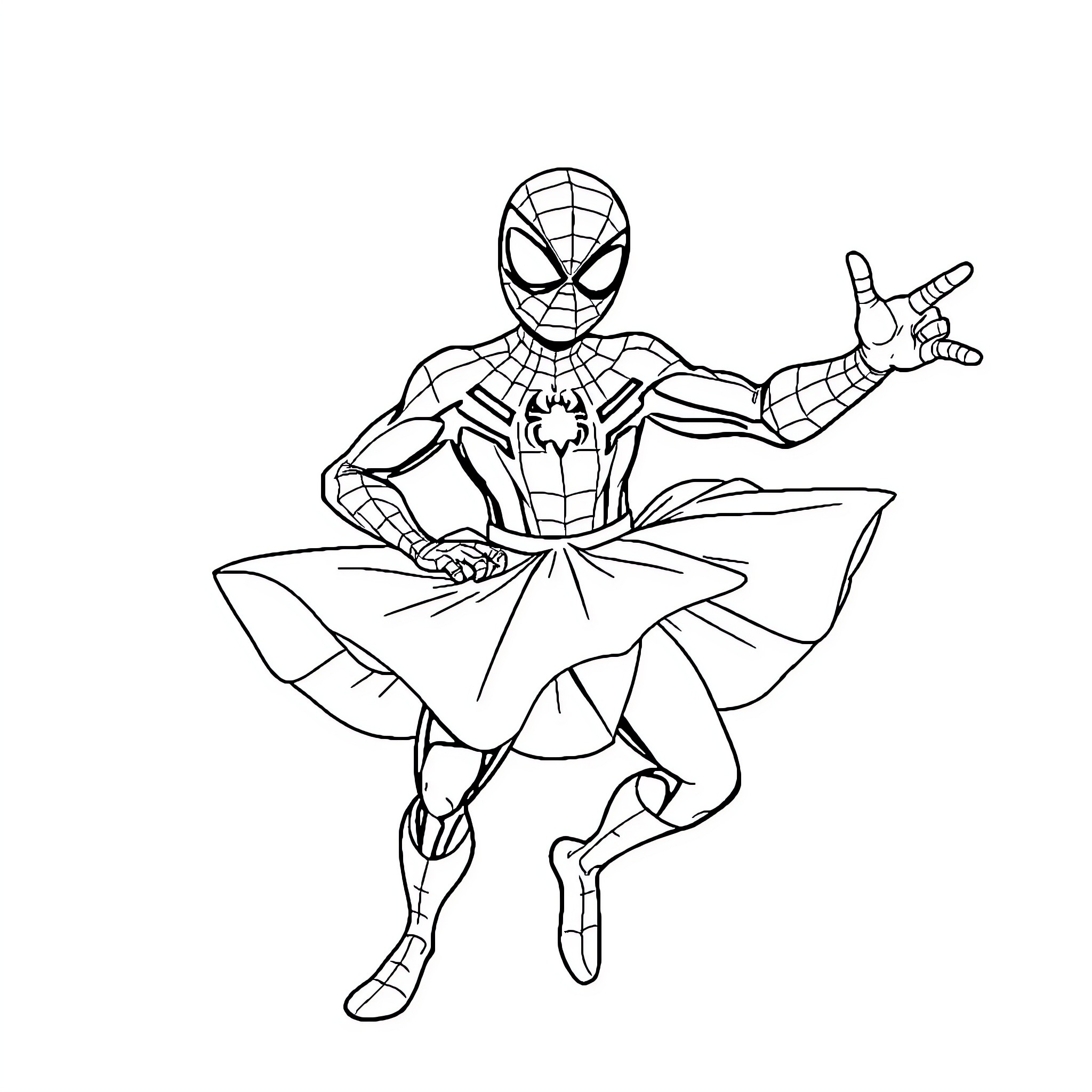 Spider-Man in action pose with outstretched arms Coloring Page (free black-and-white line drawing printable PDF for all, from beginners to advanced learners, including children, teens, adults, and seniors)