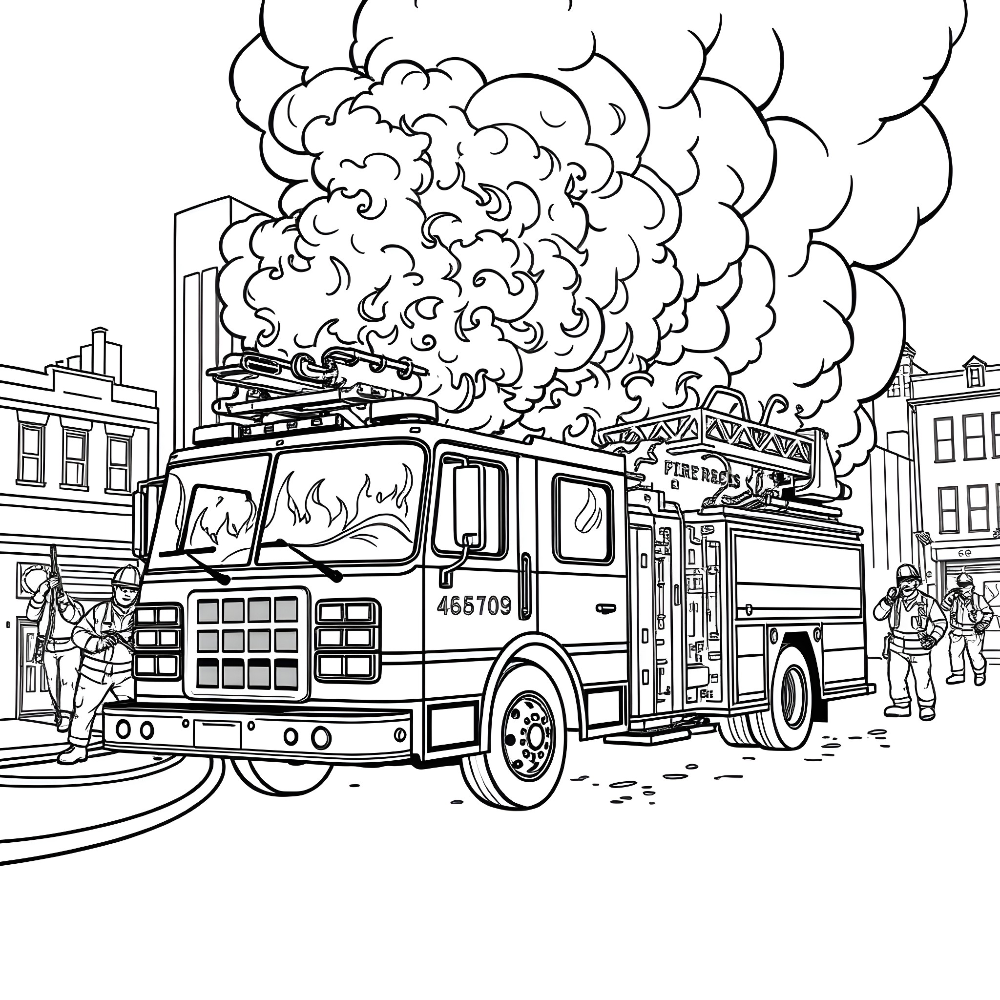 Fire Truck Responding to Emergency Situation Coloring Page (free black-and-white line drawing printable PDF for all, from beginners to advanced learners, including children, teens, adults, and seniors)