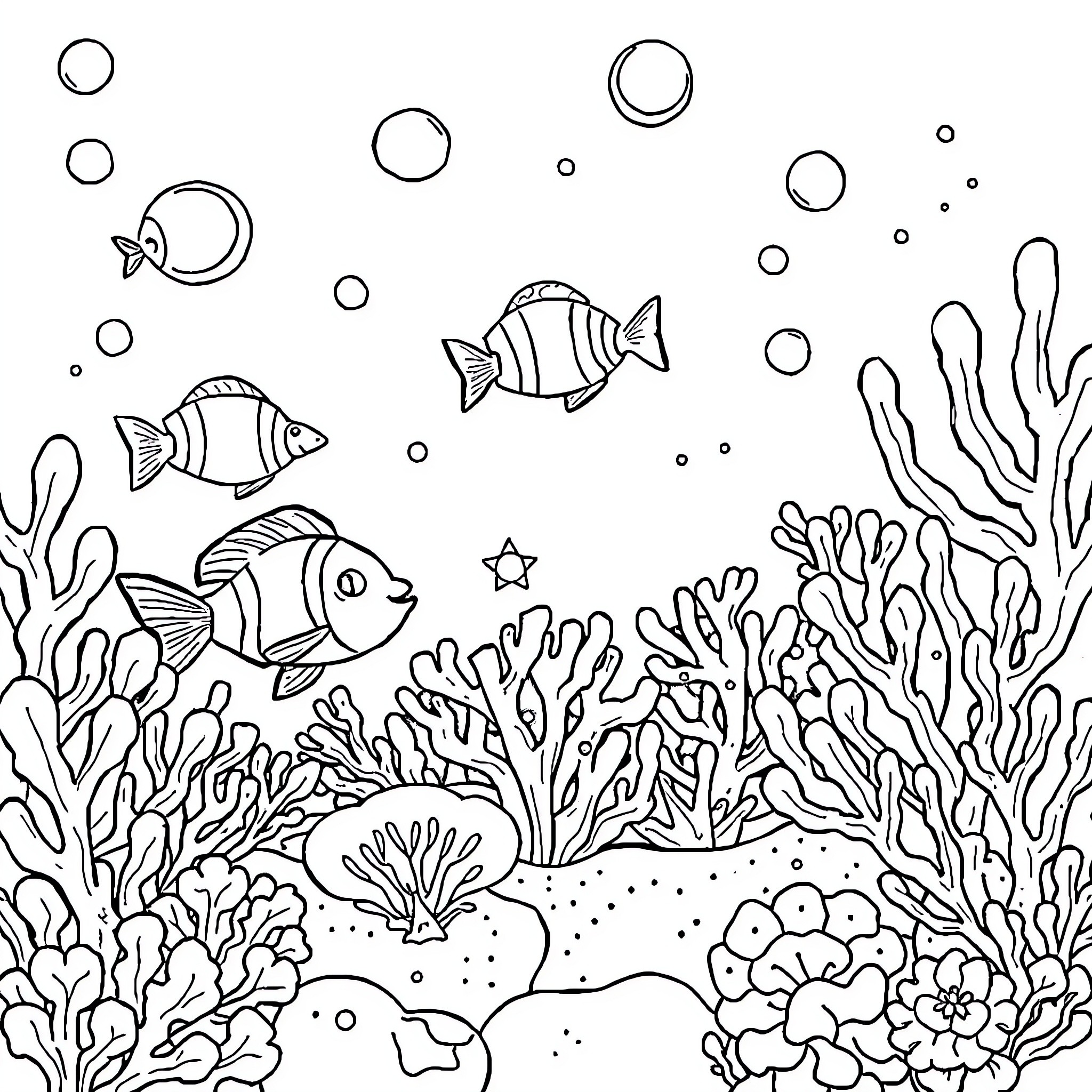 Sea creatures swimming among coral reef Coloring Page (free black-and-white line drawing printable PDF for all, from beginners to advanced learners, including children, teens, adults, and seniors)