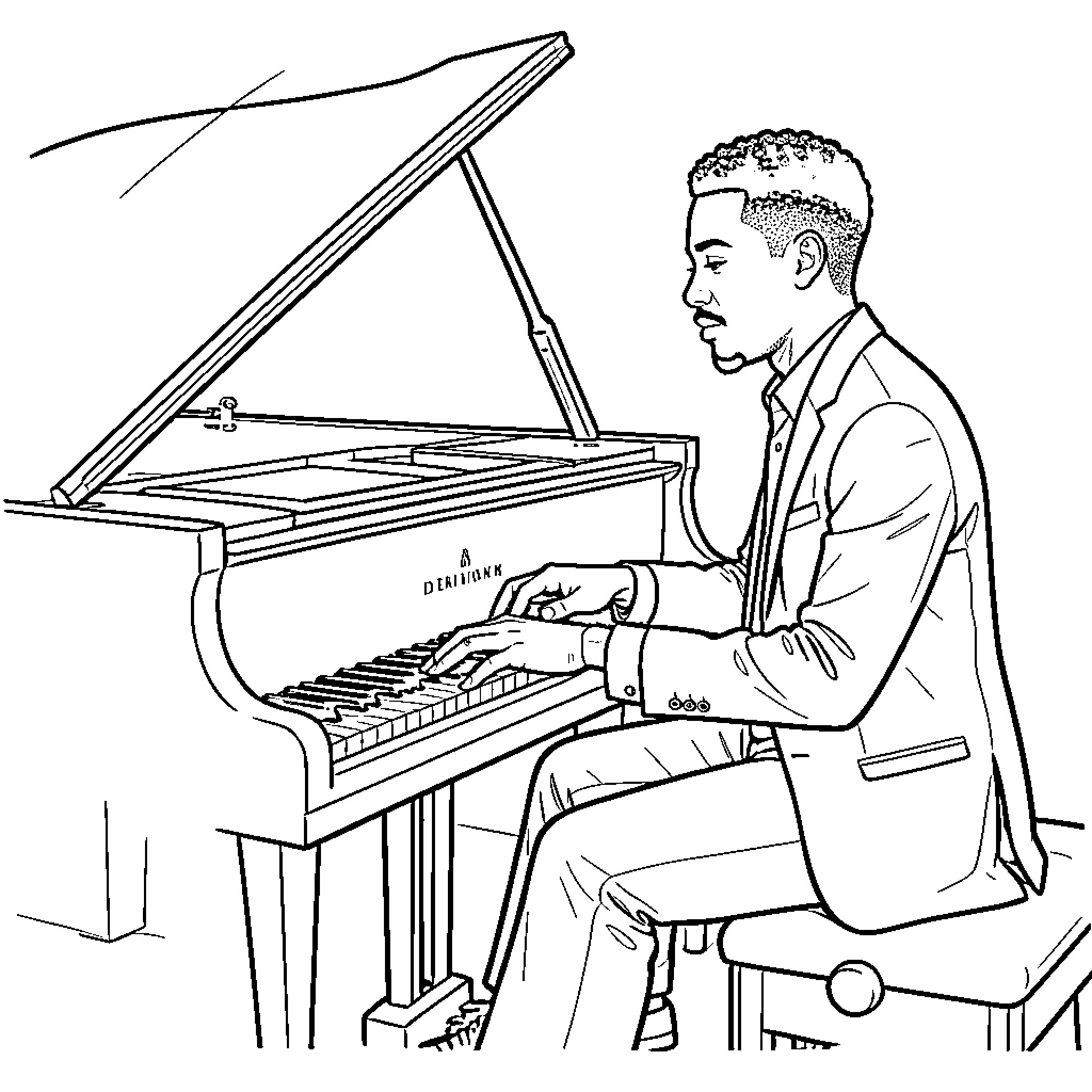 Dembelé playing a grand piano while wearing a suit Coloring Page (free black-and-white line drawing printable PDF for all, from beginners to advanced learners, including children, teens, adults, and seniors)