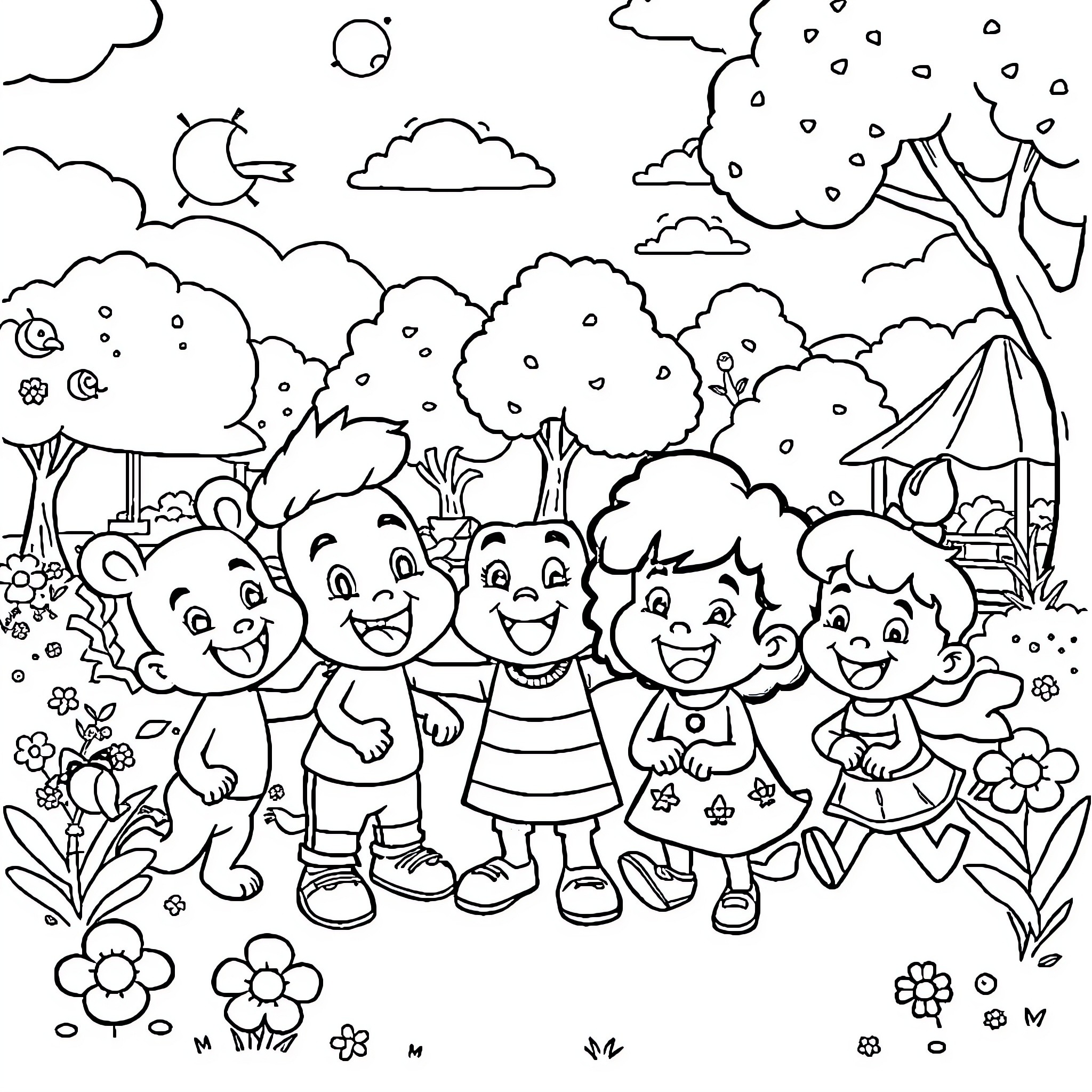 Skzoo friends enjoy a happy outdoor adventure Coloring Page (free black-and-white line drawing printable PDF for all, from beginners to advanced learners, including children, teens, adults, and seniors)