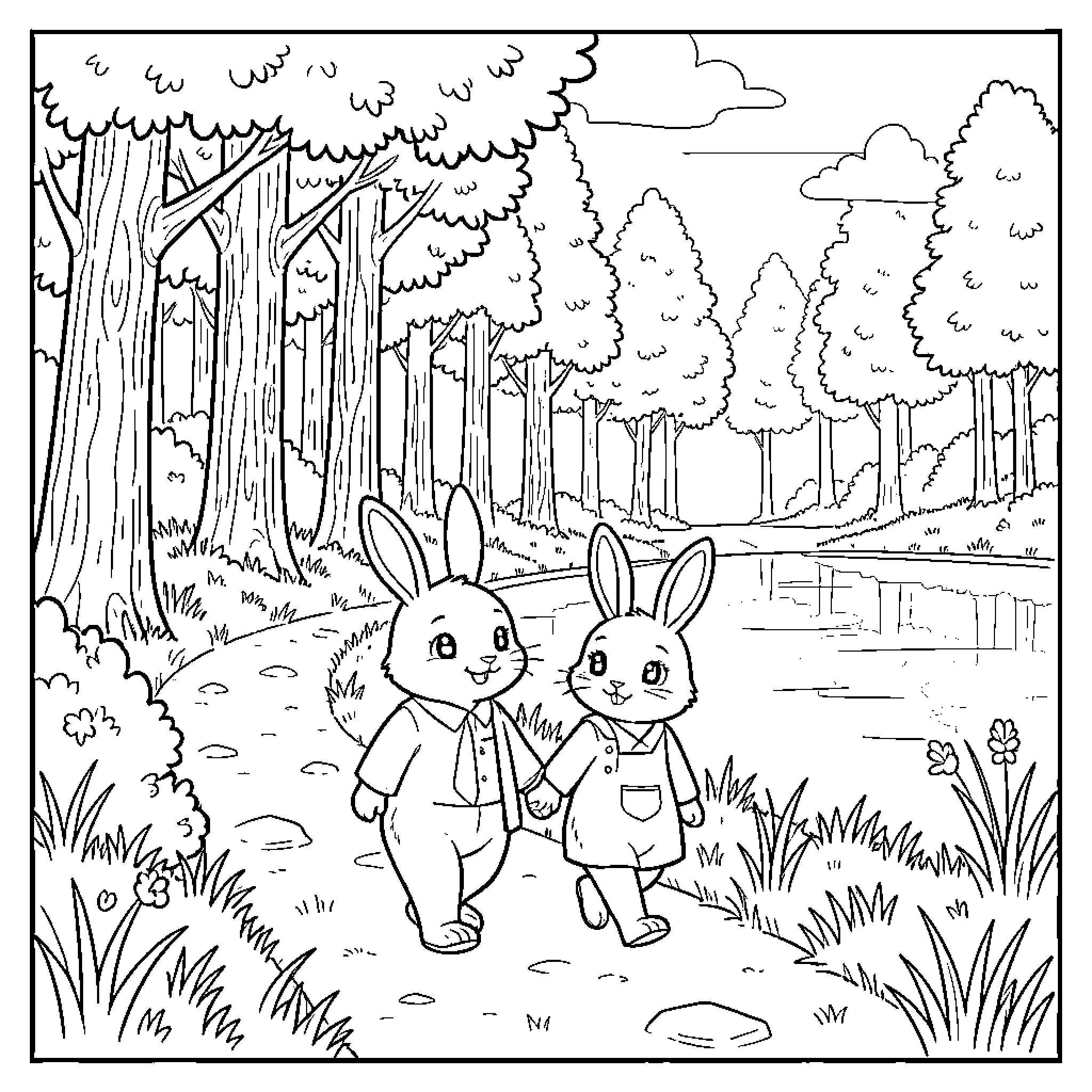 Bunny friends walking hand in hand through a forest Coloring Page (free black-and-white line drawing printable PDF for all, from beginners to advanced learners, including children, teens, adults, and seniors)