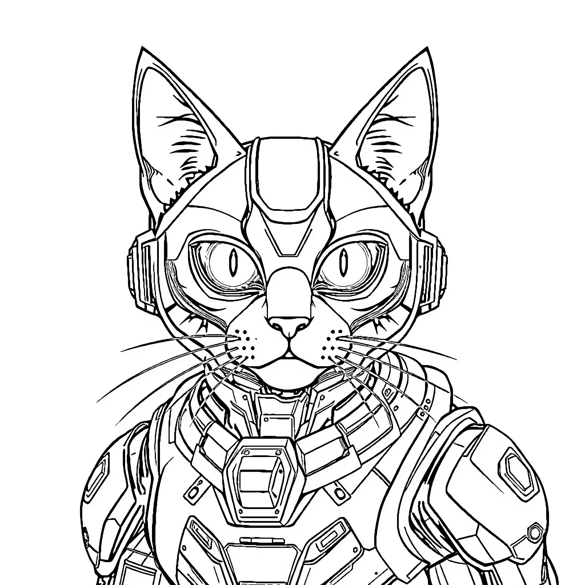 Cyborg Cat in Futuristic Attire Coloring Page (free black-and-white line drawing printable PDF for all, from beginners to advanced learners, including children, teens, adults, and seniors)