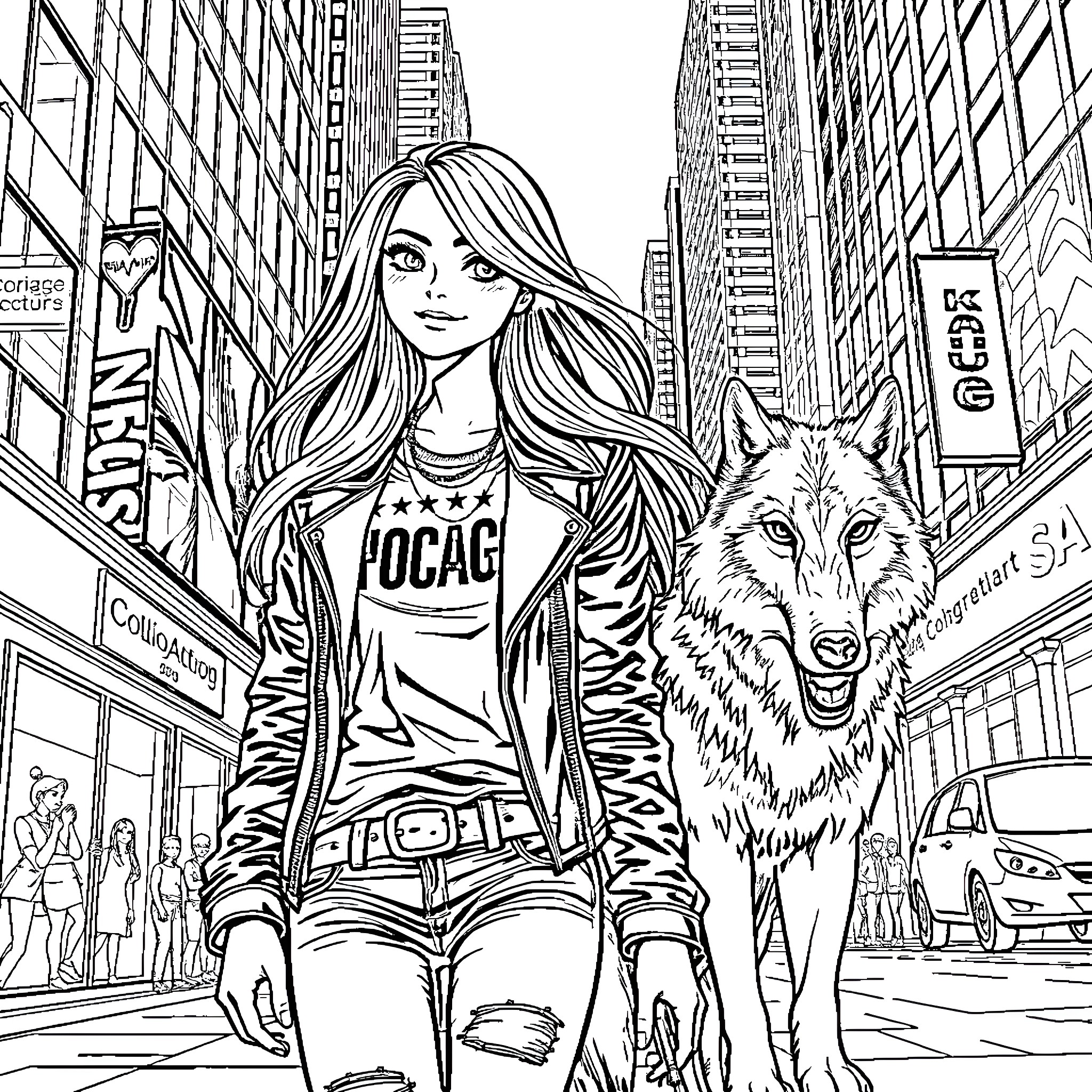 Girl in urban outfit walking with wolf in city Coloring Page (free black-and-white line drawing printable PDF for all, from beginners to advanced learners, including children, teens, adults, and seniors)