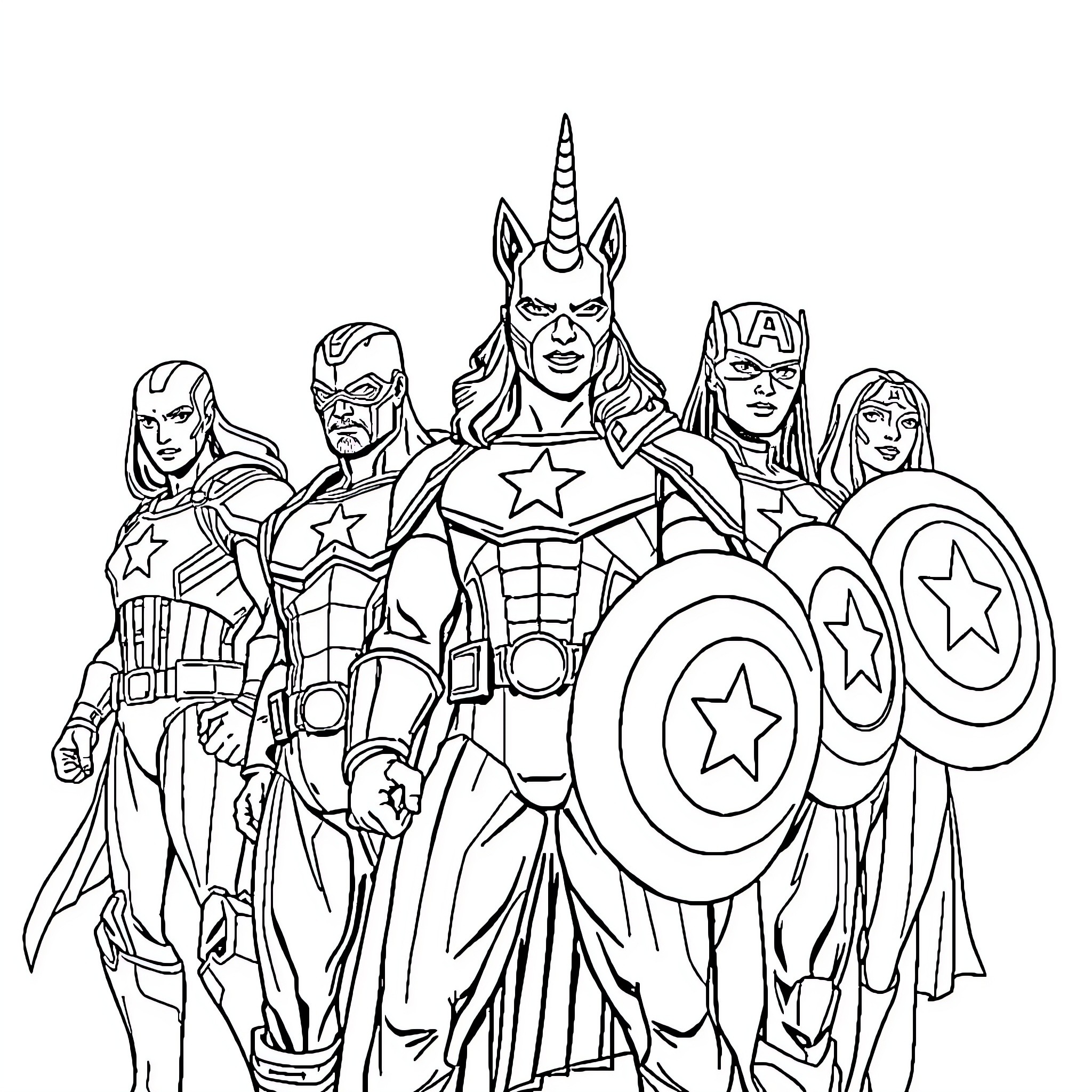 Unicorn-inspired superhero team in action poses Coloring Page (free black-and-white line drawing printable PDF for all, from beginners to advanced learners, including children, teens, adults, and seniors)